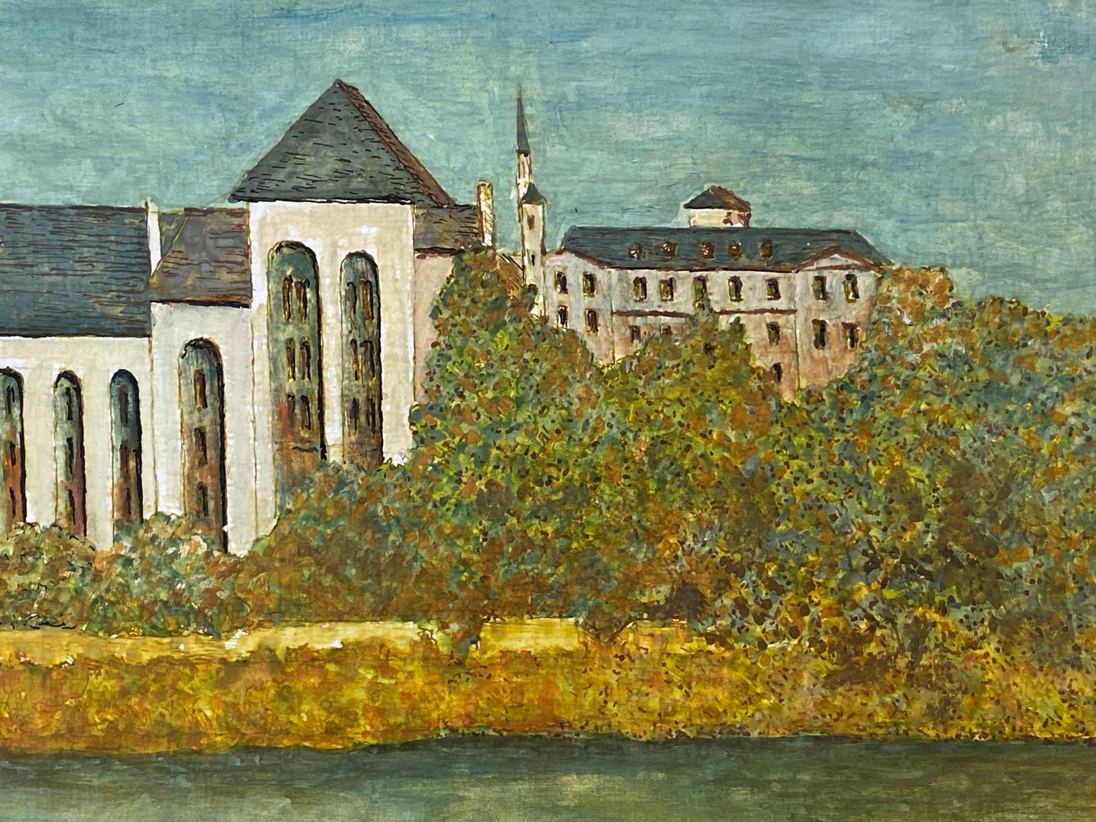 Unknown1950's Modernist Signed Painting, Large French Building Over River1950s photo vinterior