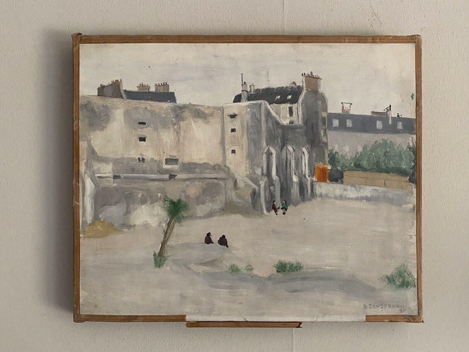 Unknowngenevieve Zondervan '1922 2013' French Oil Painting, Old City Buildings & Figscirca 1990s photo furniture