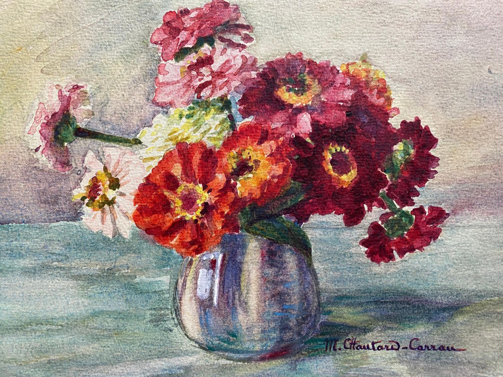 Unknownearly 1900's French Impressionist Signed Flower Watercolour By Marie Carreaucirca 1900s photo furniture
