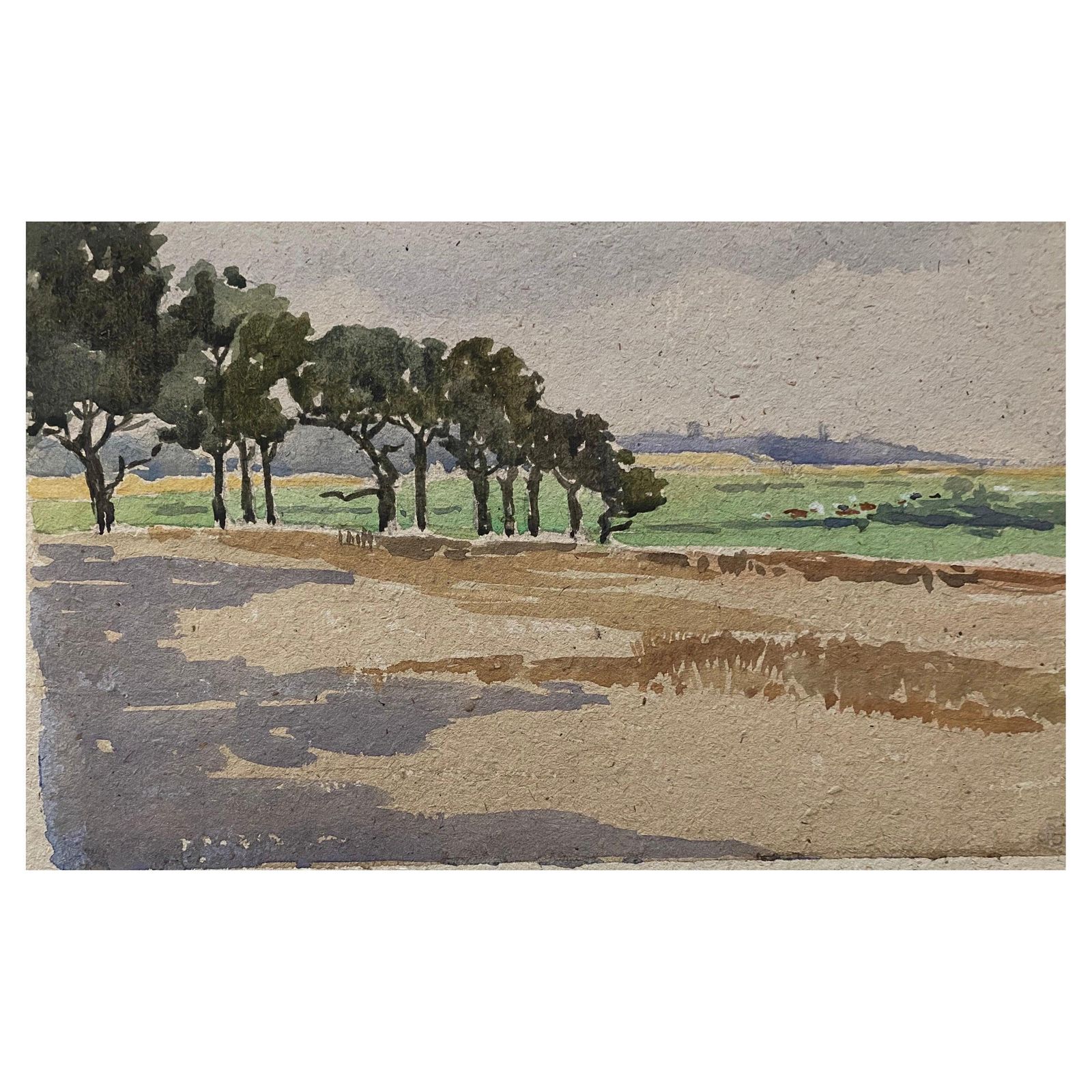 Unknown1900's English Impressionist Watercolor Painting Green View Fieldcirca 1900s