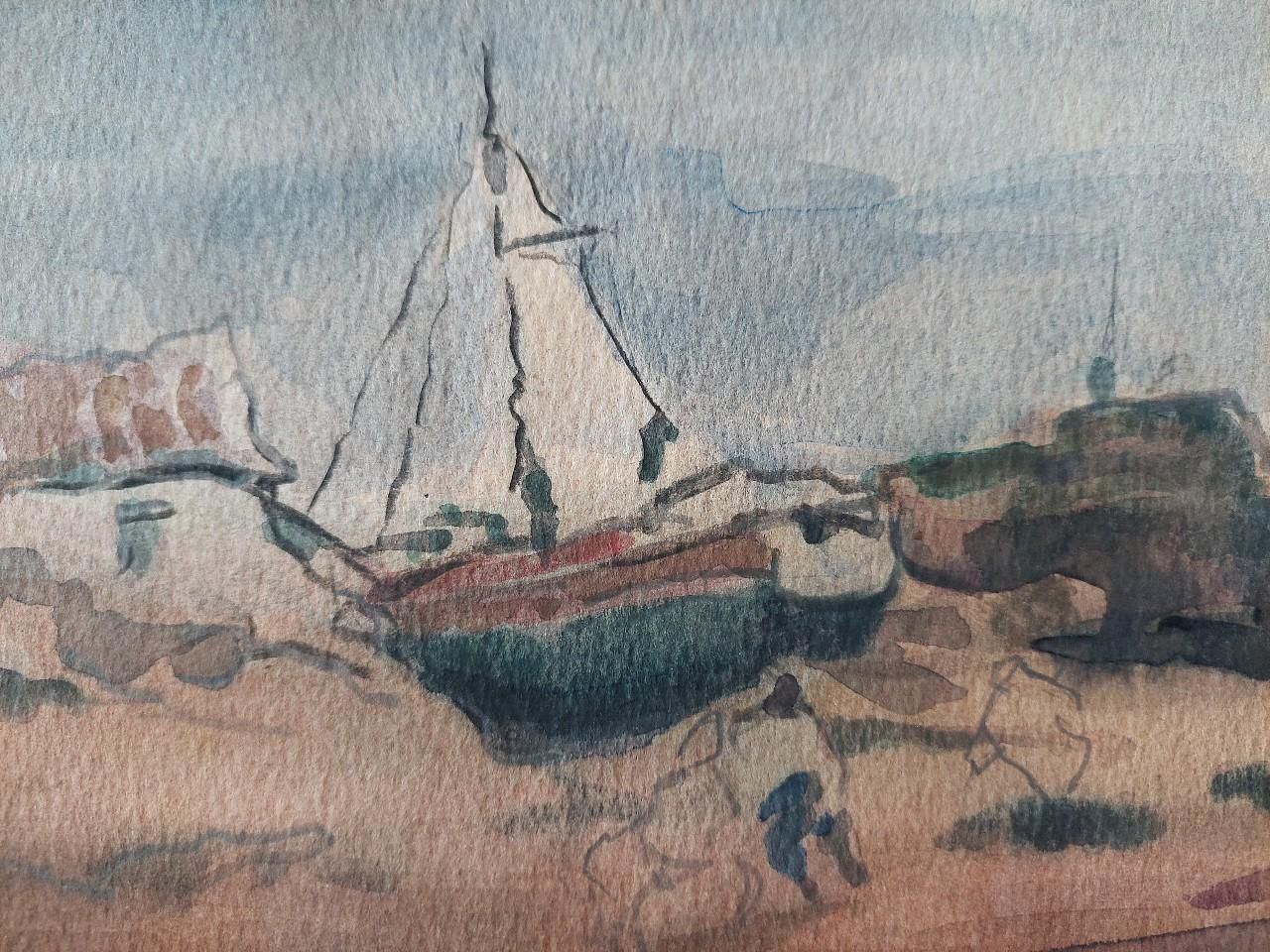 Maurice Mazeiliefrench Modernist Cubist Painting Fishing Boats On Rocky Coast20th Century photo for sale