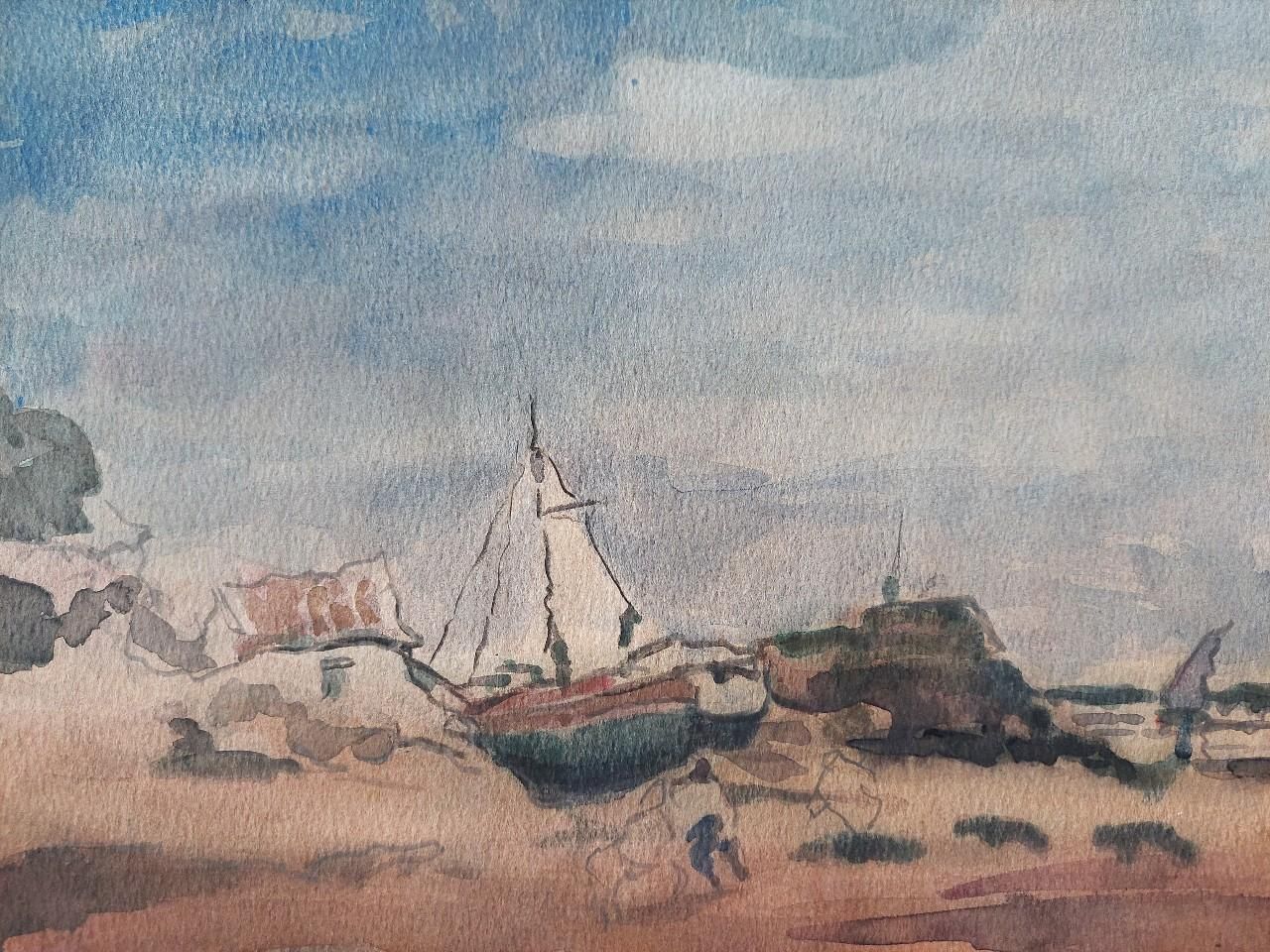Maurice Mazeiliefrench Modernist Cubist Painting Fishing Boats On Rocky Coast20th Century photo buy