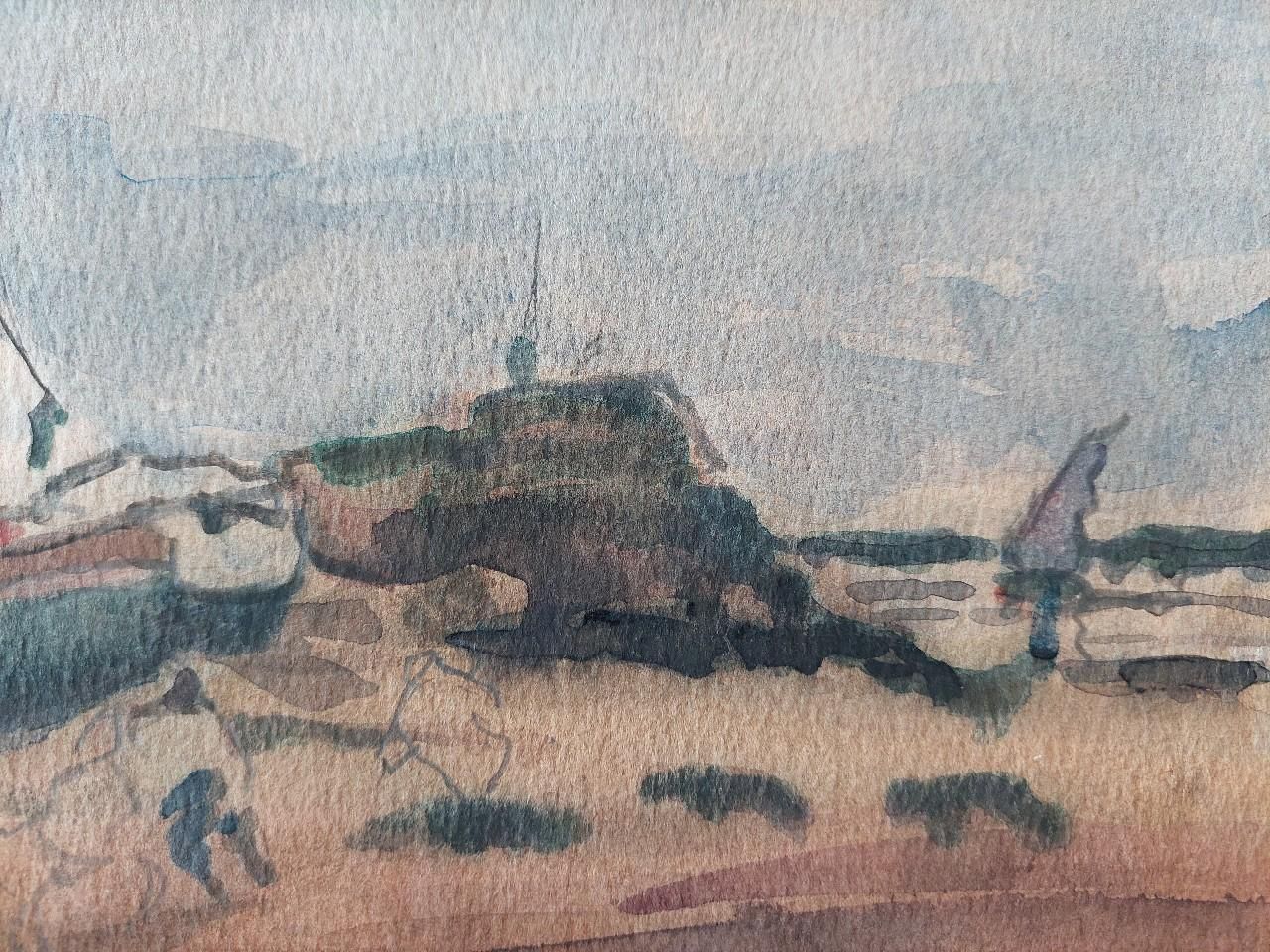 Maurice Mazeiliefrench Modernist Cubist Painting Fishing Boats On Rocky Coast20th Century photo vintage