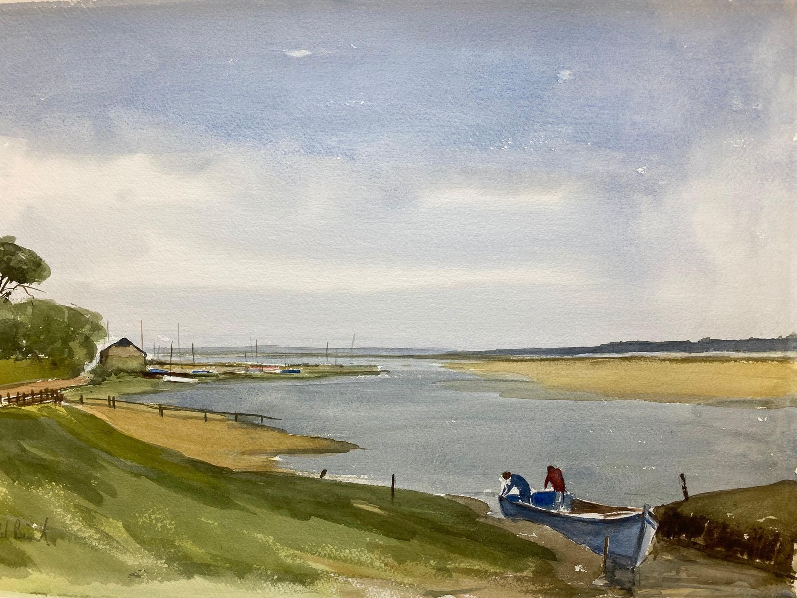 Unknownbeautiful English Town Boat Ready For Sea, Signed British Watercolour Paintingcirca 1970s photo furniture