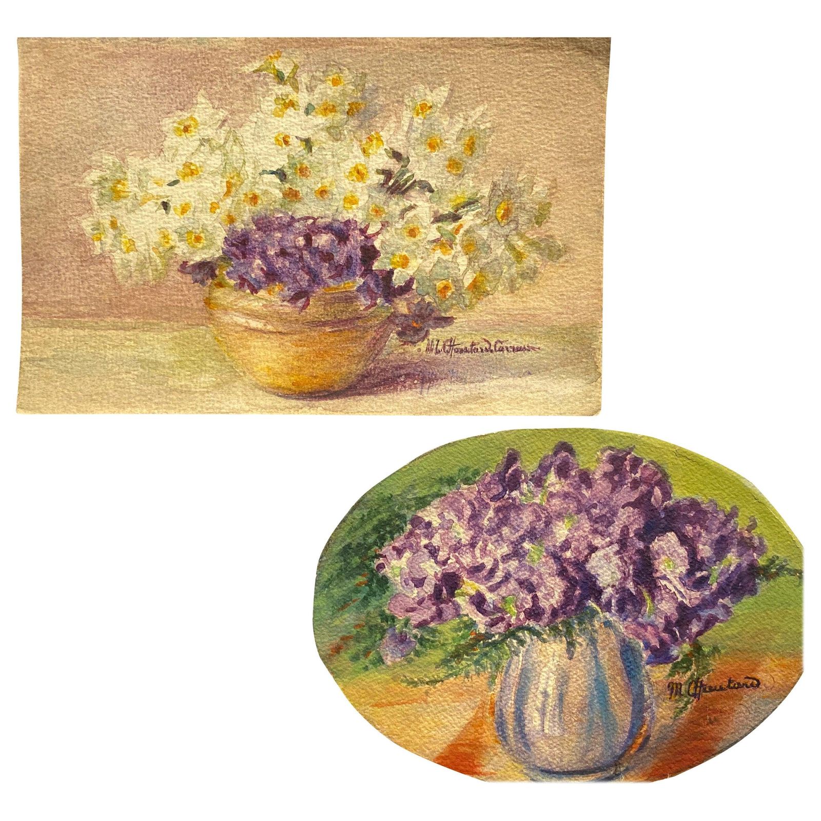 Unknown2 X Early 1900's French Impressionist Signed Flower Watercolours Marie Carreaucirca 1900s