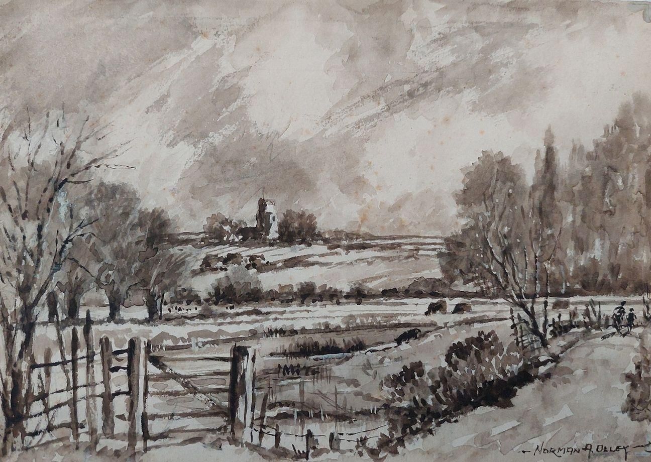 English  Schooltraditional English Painting Chalk Church From Fulborough Marshes In Kent20th Century photo buy