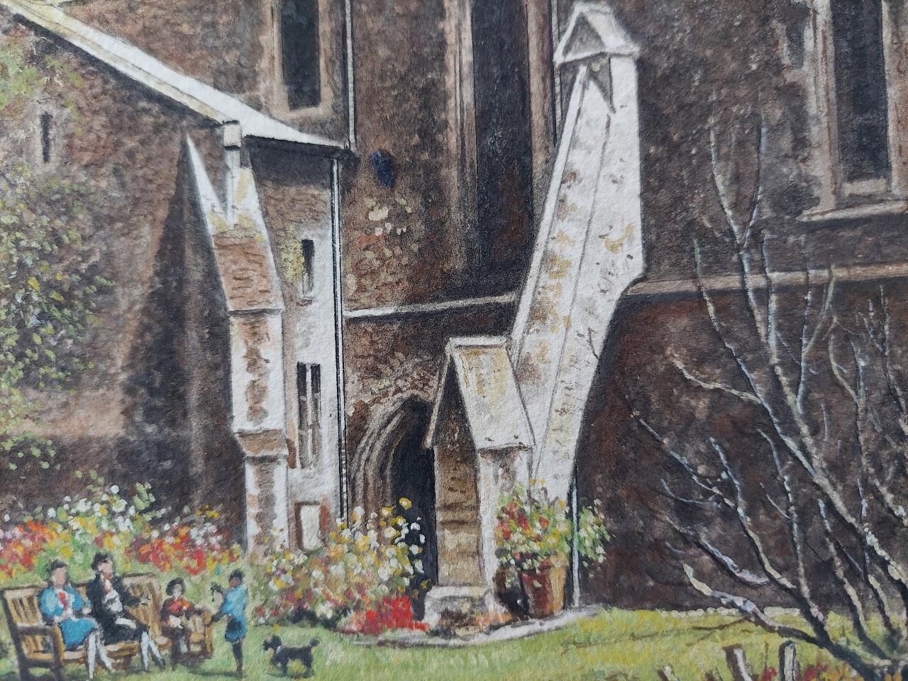 photo for sale English  Schooltraditional English Painting Cloister Garth At Rochester Cathedral, Kent20th Century
