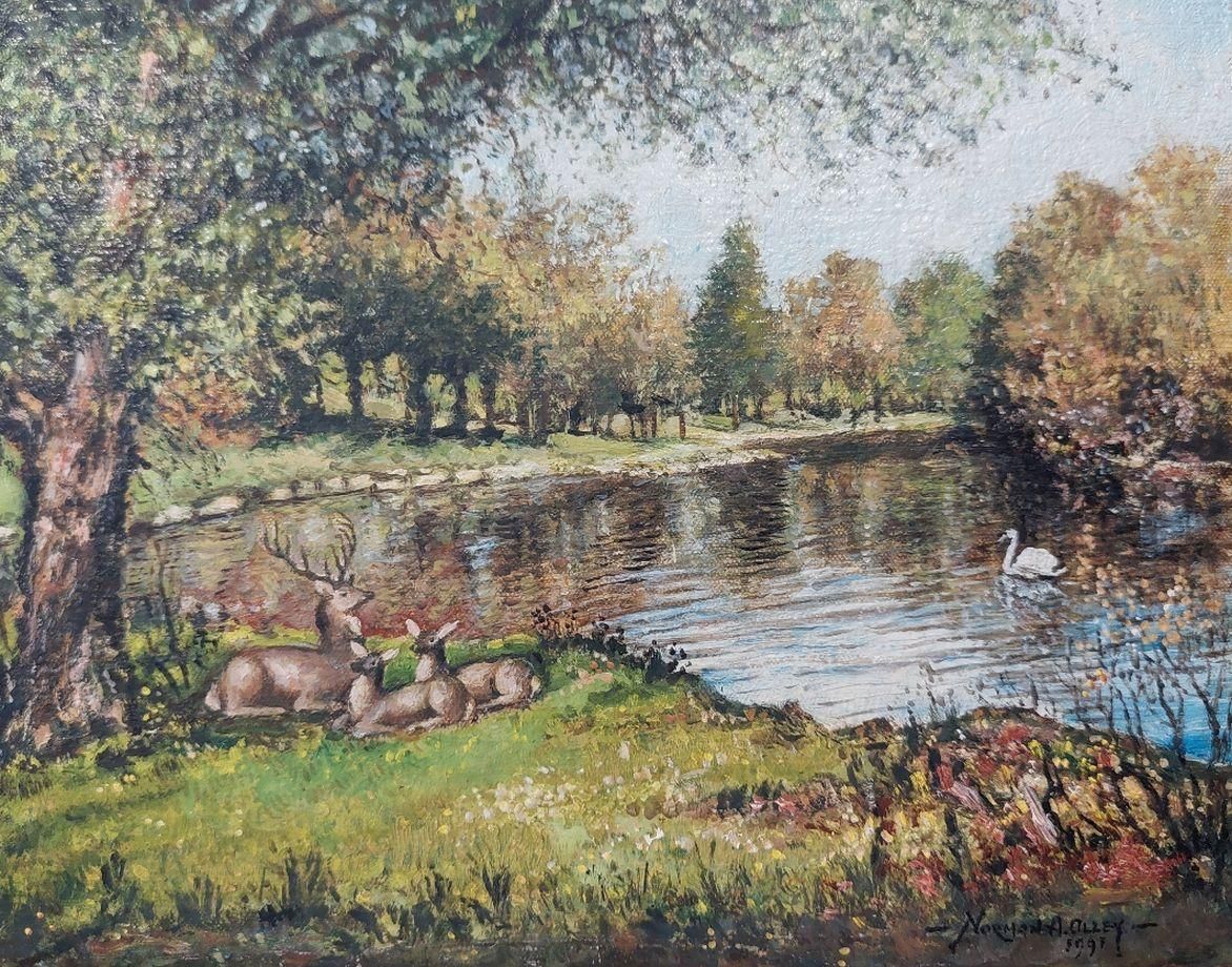 English  Schooltraditional English Painting Deer By A River In English Parkland20th Century photo for sale