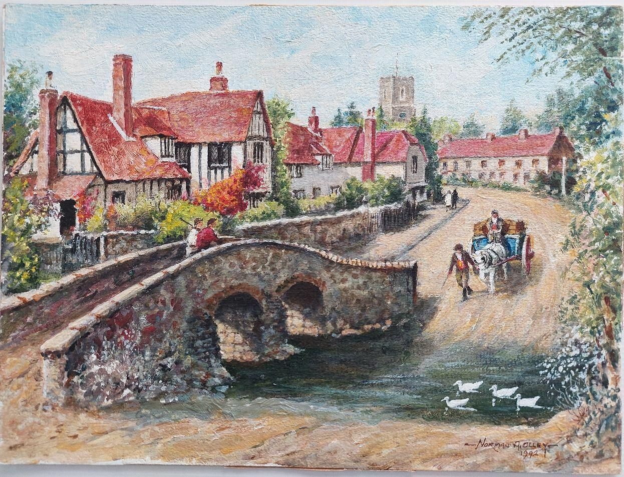 English  Schooltraditional English Painting Country Village Pack Horse Bridge Crossing River20th Century photo furniture