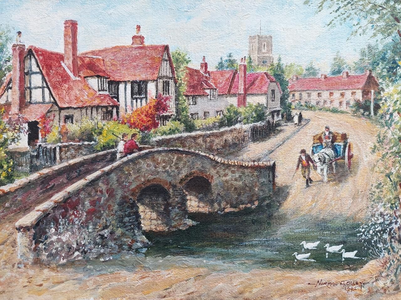 English  Schooltraditional English Painting Country Village Pack Horse Bridge Crossing River20th Century photo Art