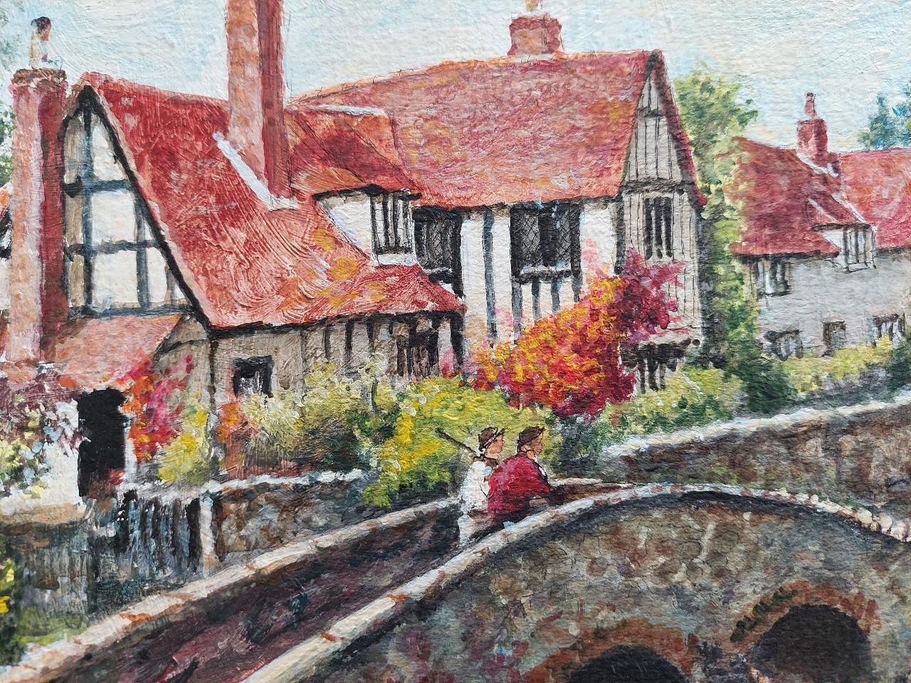 English  Schooltraditional English Painting Country Village Pack Horse Bridge Crossing River20th Century photo vinterior