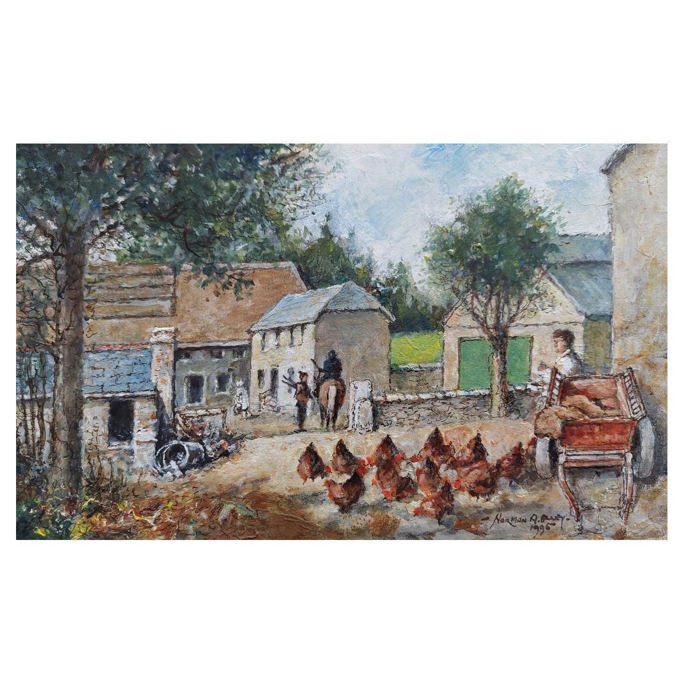 English  Schooltraditional English Painting South Devon Farmyard Chickens At Aveton Gifford20th Century