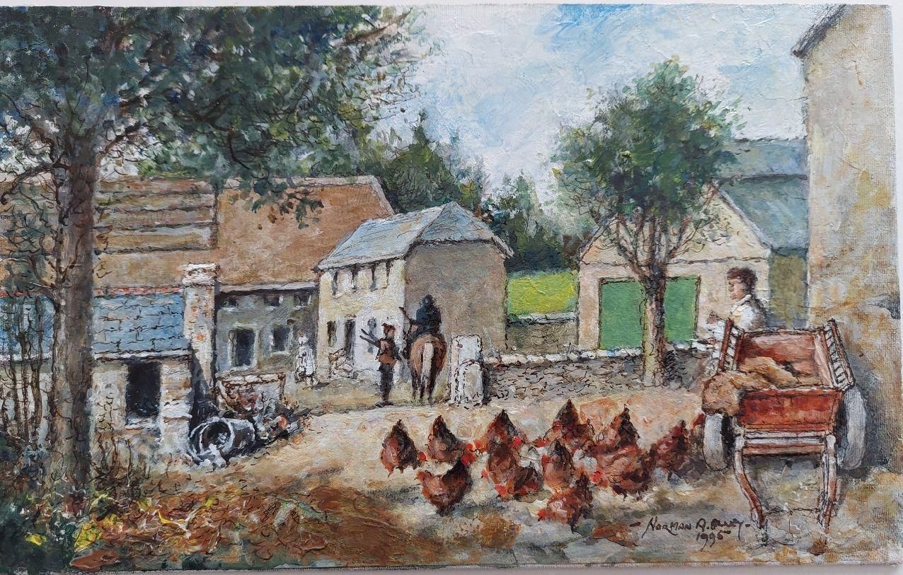English  Schooltraditional English Painting South Devon Farmyard Chickens At Aveton Gifford20th Century photo furniture