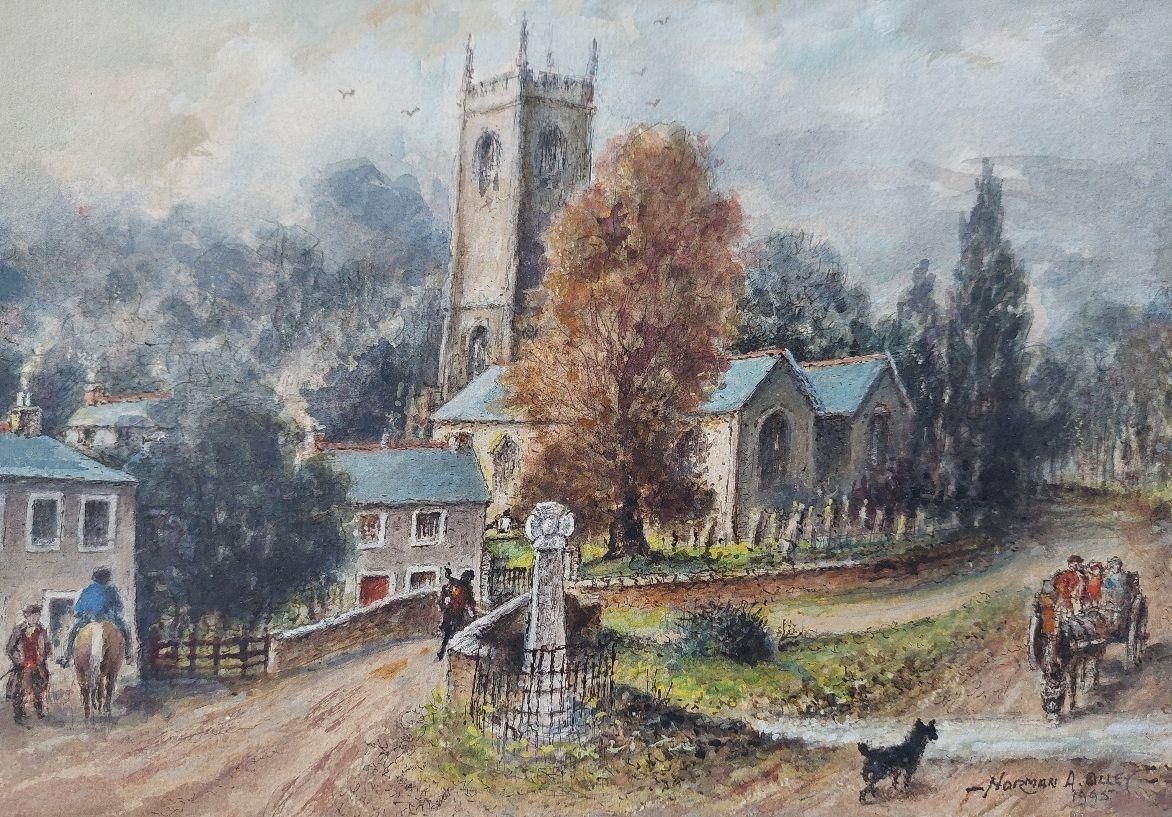 English  Schooltraditional English Painting Church And Figures At Altarnun, Cornish School20th Century photo vintage