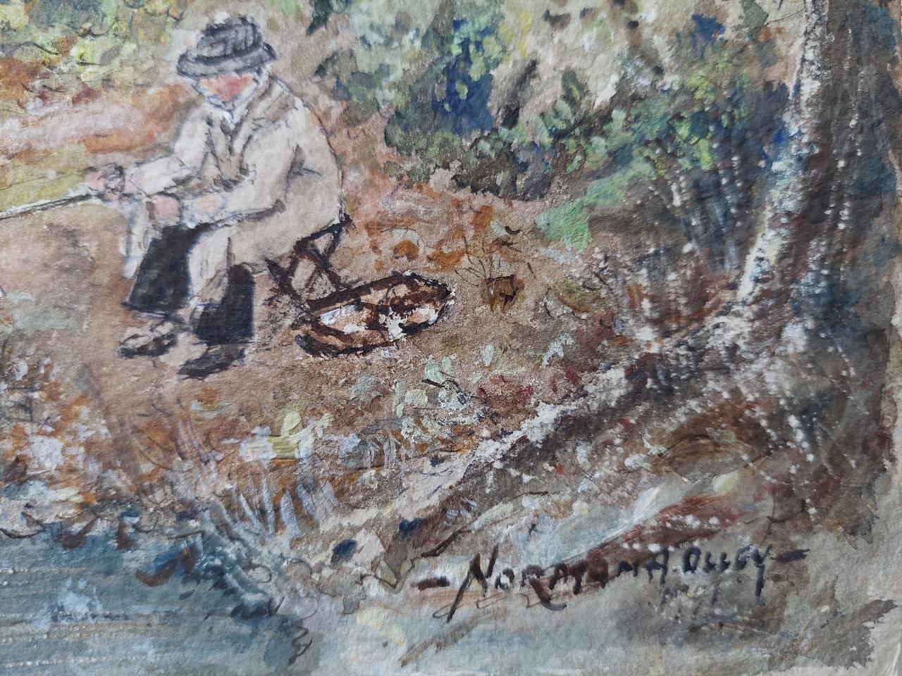English  Schooltraditional English Painting Angler Fishing At Teddington, London England20th Century photo 484.0