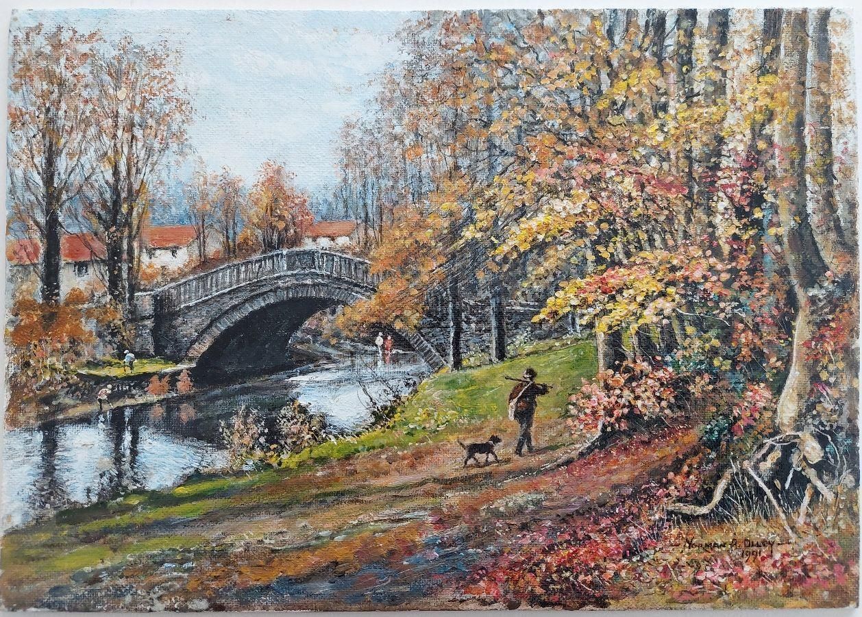 English  Schooltraditional English Painting Huntsman And Dog By A Yorkshire Bridge20th Century photo furniture