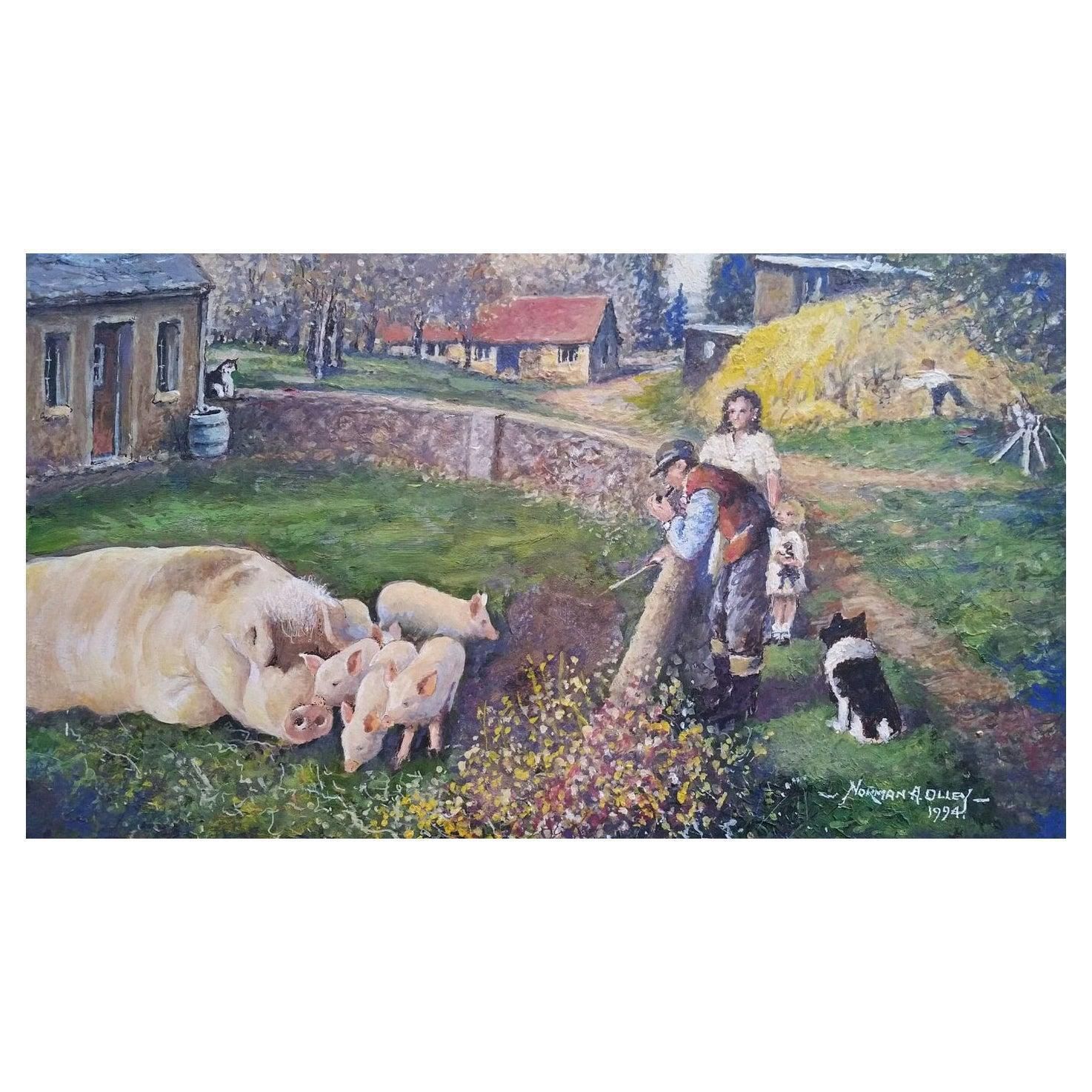 English  Schooltraditional English Painting English Farmyard Scene In Kent Farmer & Pigs20th Century