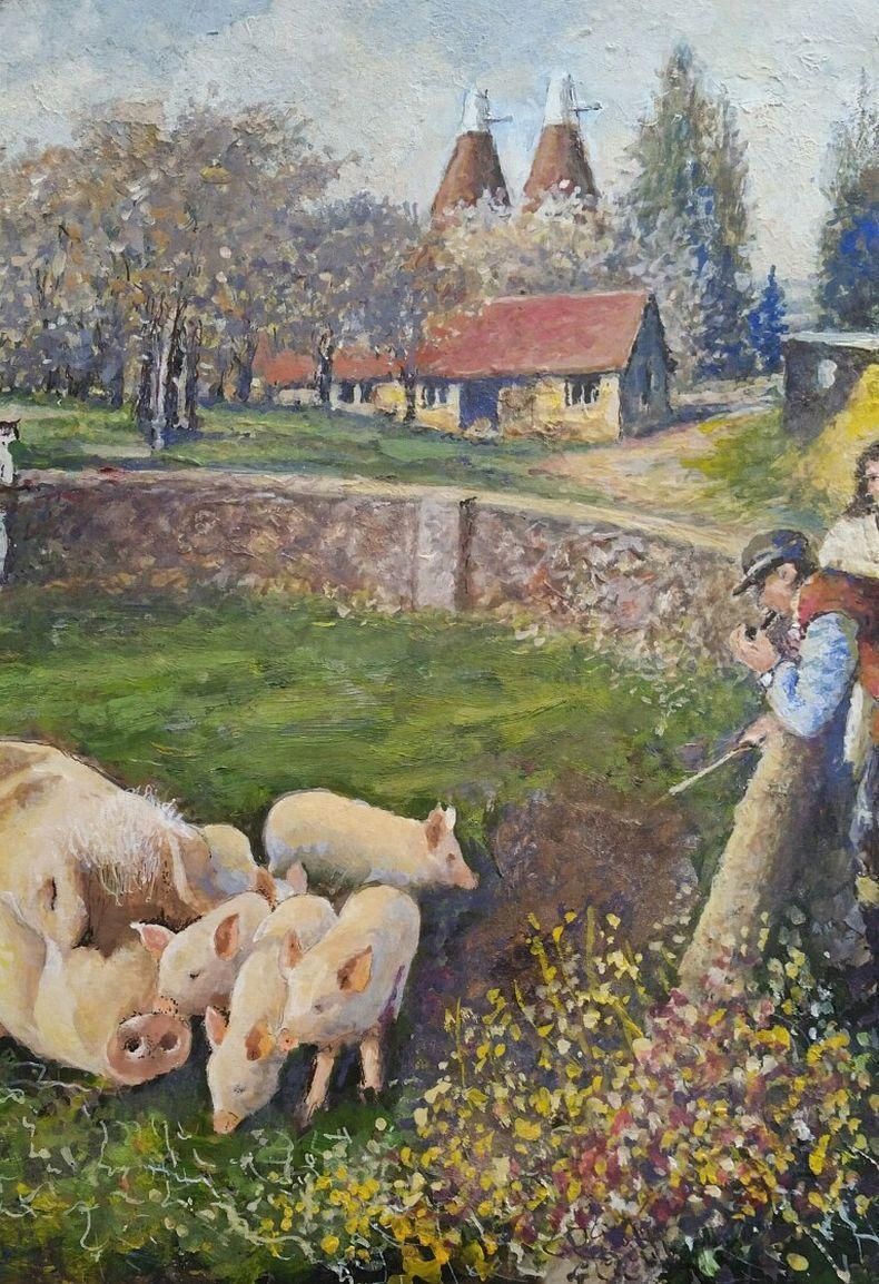 English  Schooltraditional English Painting English Farmyard Scene In Kent Farmer & Pigs20th Century photo for sale