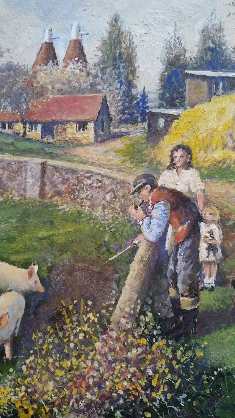 English  Schooltraditional English Painting English Farmyard Scene In Kent Farmer & Pigs20th Century photo vinterior