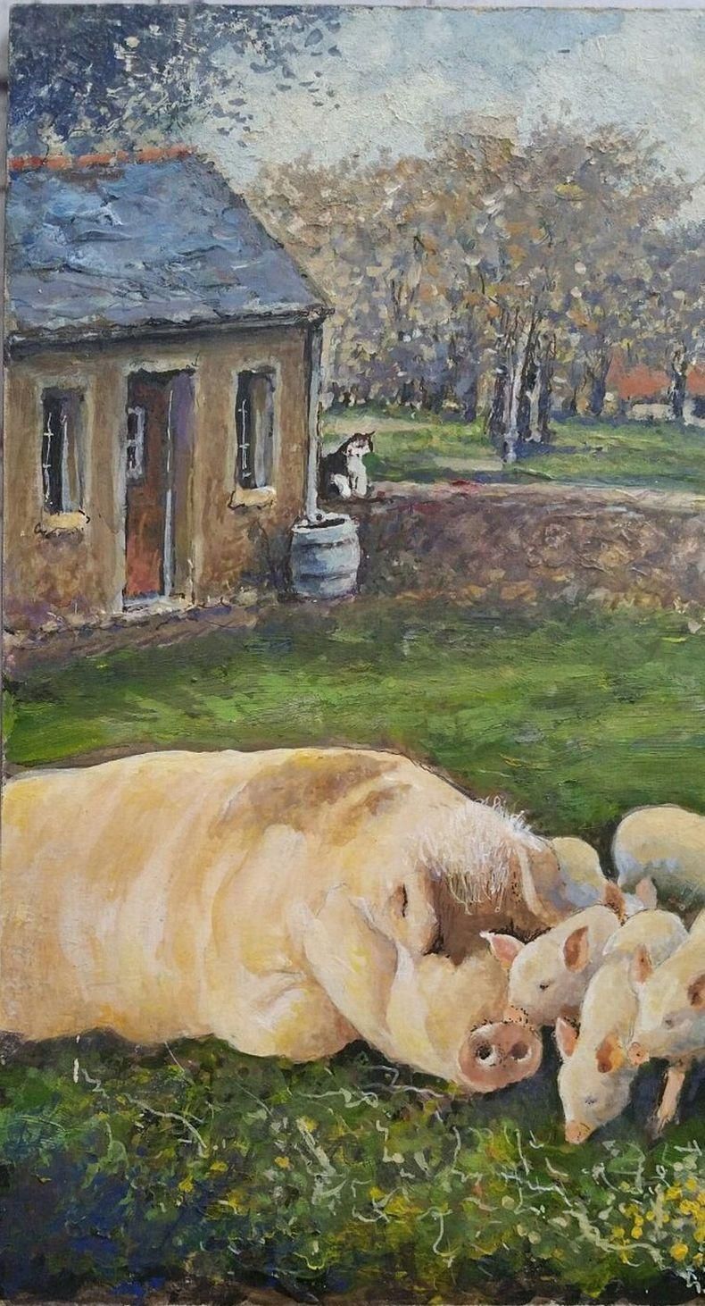 photo furniture English  Schooltraditional English Painting English Farmyard Scene In Kent Farmer & Pigs20th Century