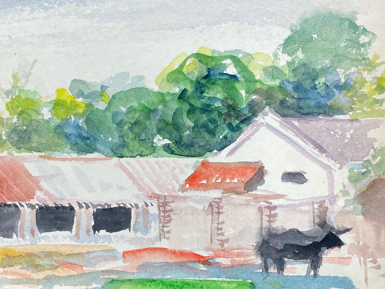 Akos Birocolourful Abstract, French Expressionist Original Painting Farm Buildingscirca 1980s photo furniture