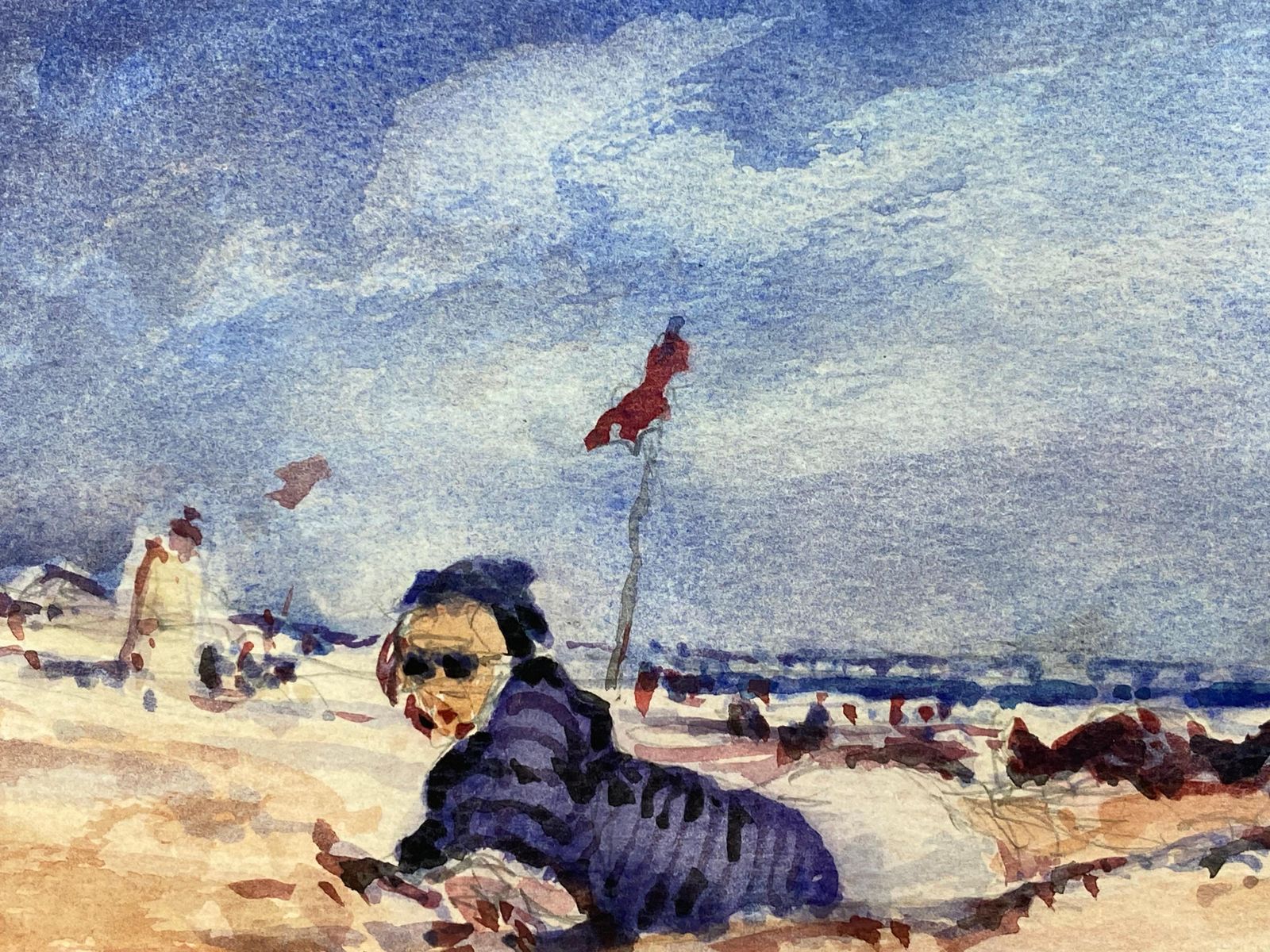 Unknownfrench Impressionist Signed Watercolour, Sun Bathers Landscape20th Century photo furniture