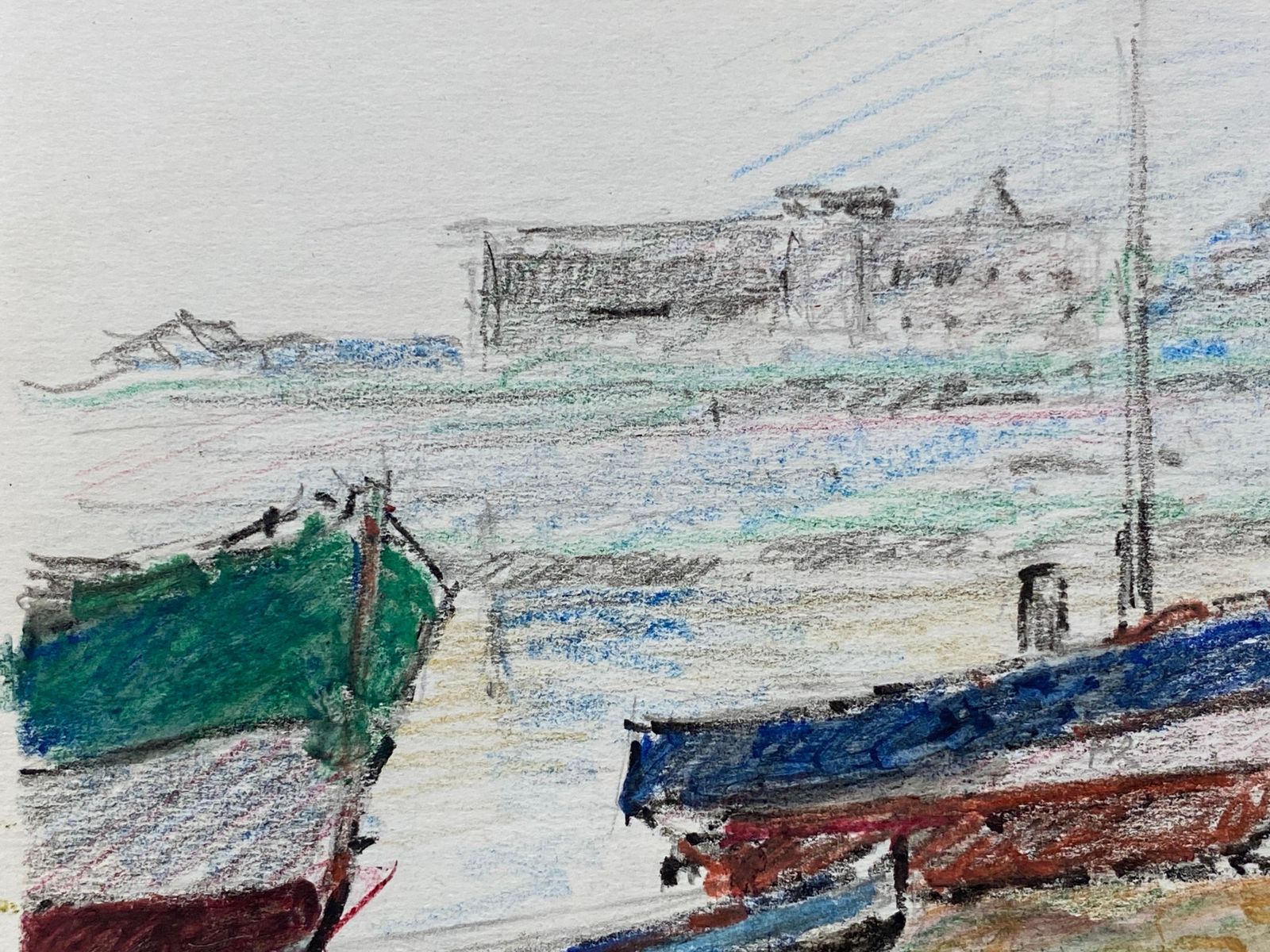 Unknowncamille Meriot French Signed Impressionist Crayon Drawing, Atmospheric Boatscirca 1940s photo Art