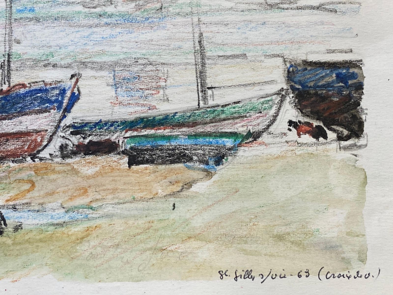 Unknowncamille Meriot French Signed Impressionist Crayon Drawing, Atmospheric Boatscirca 1940s photo vinterior