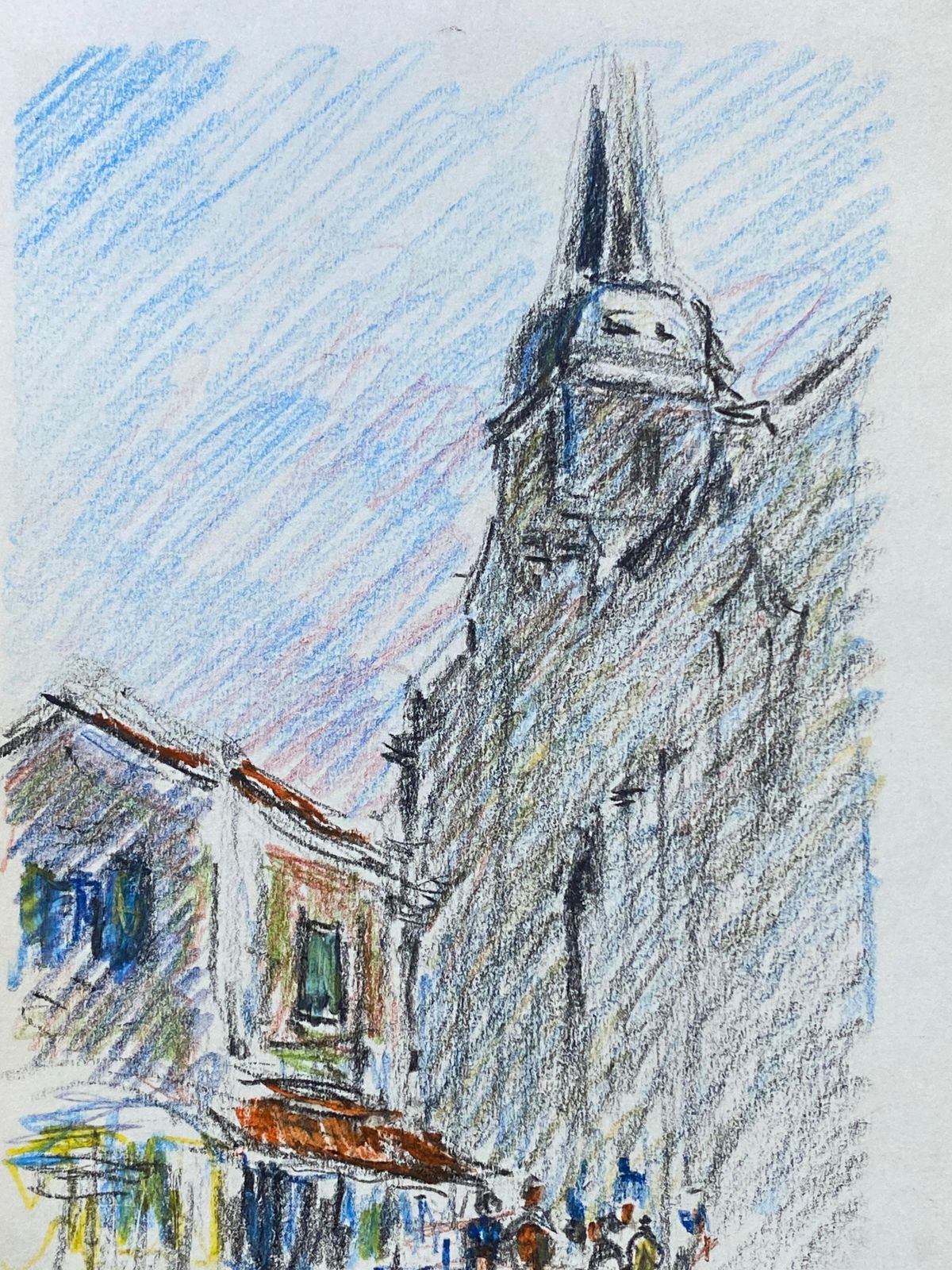 Unknownold Provence Town Impressionist Crayon Drawing, Figures Mooching By Cafecirca 1940s photo furniture