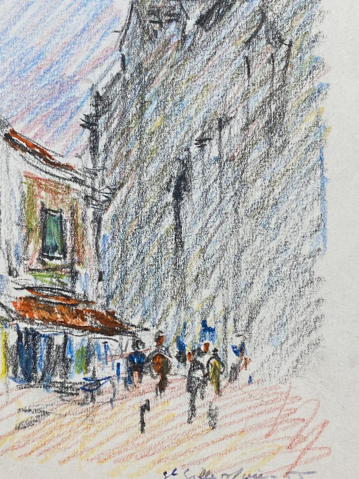 Unknownold Provence Town Impressionist Crayon Drawing, Figures Mooching By Cafecirca 1940s photo for sale
