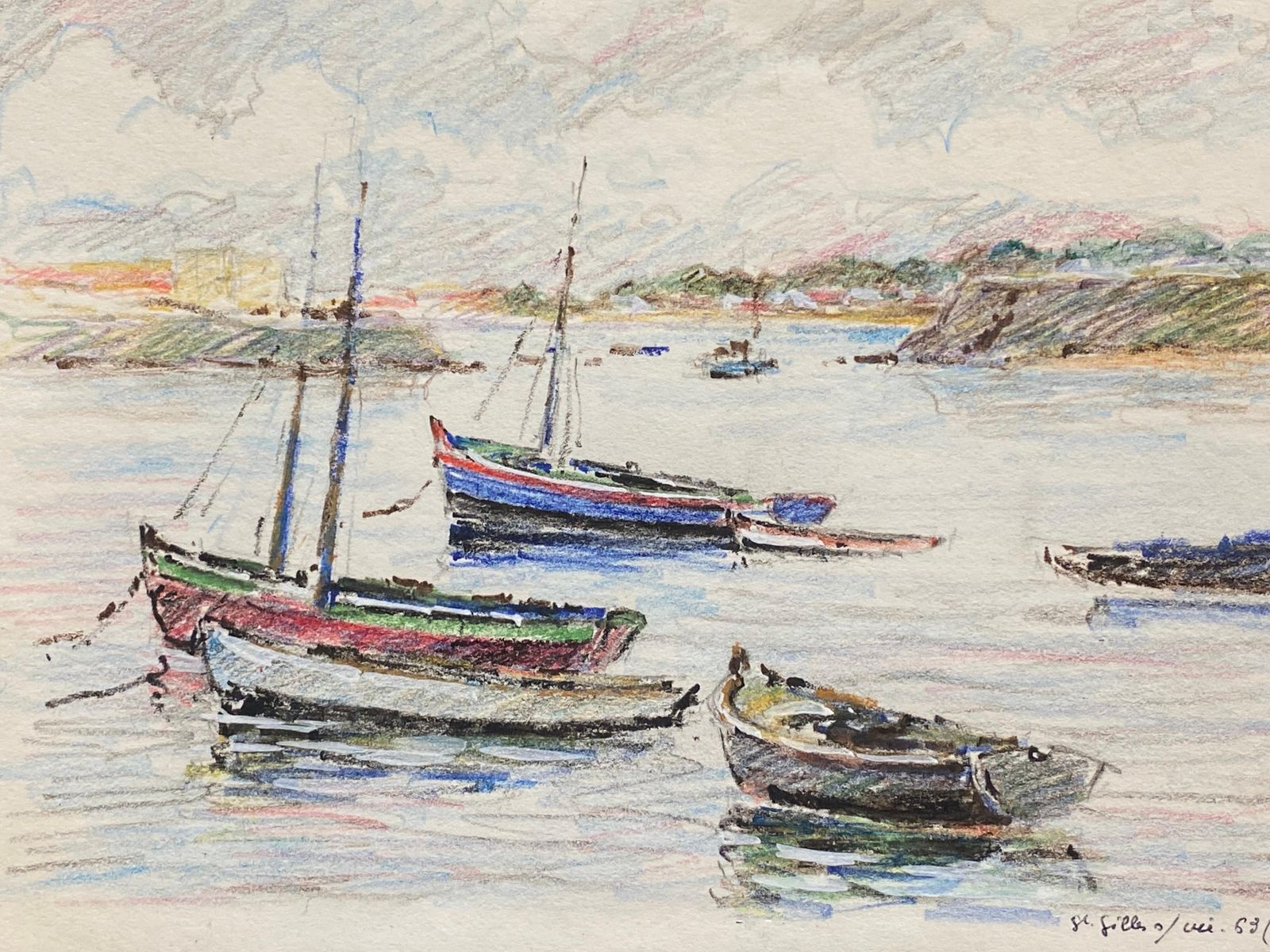 Unknownsailing Boats Moored At Sea, French Signed Impressionist Crayon Drawingcirca 1940s photo furniture