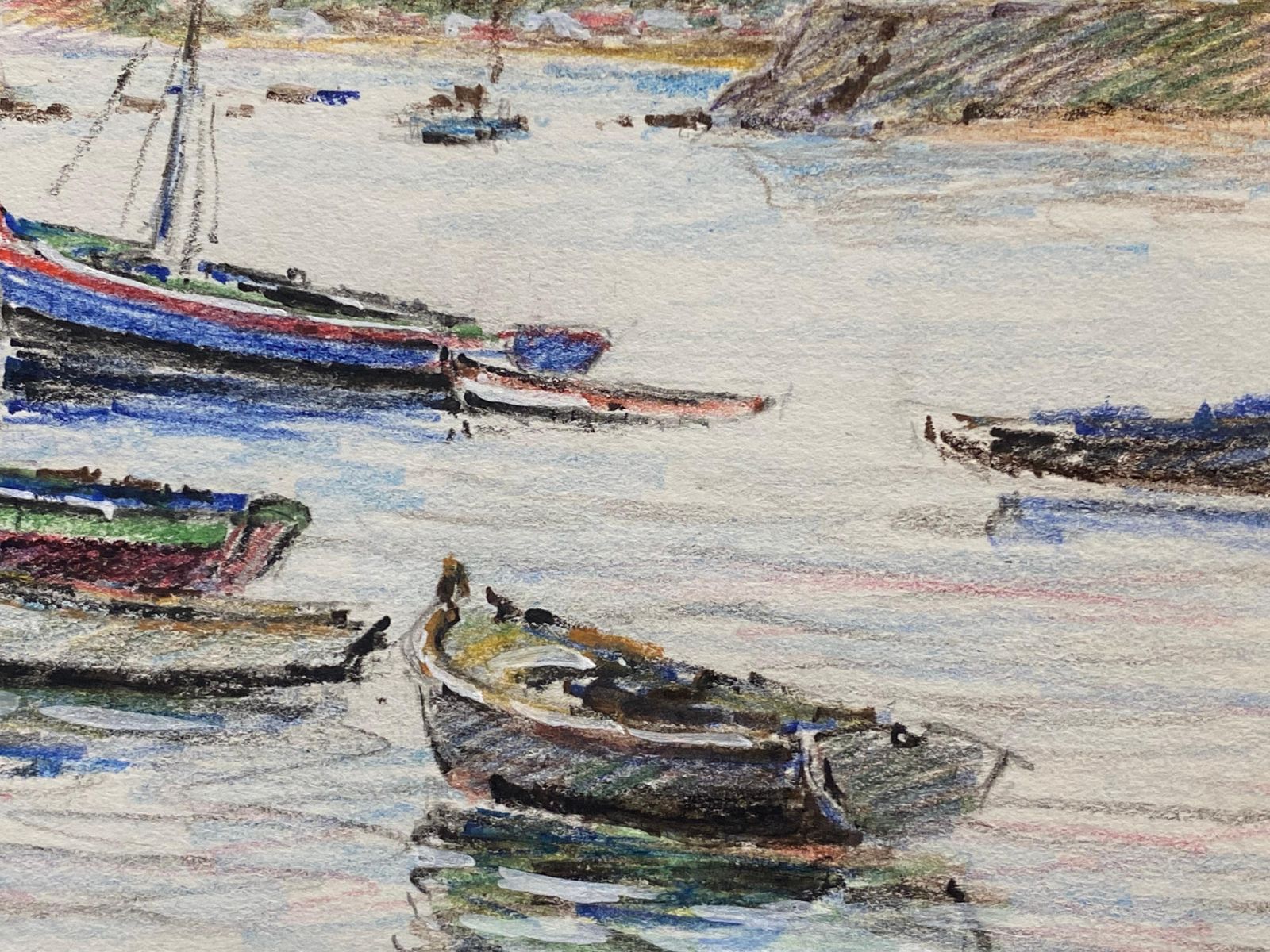 Unknownsailing Boats Moored At Sea, French Signed Impressionist Crayon Drawingcirca 1940s photo Art
