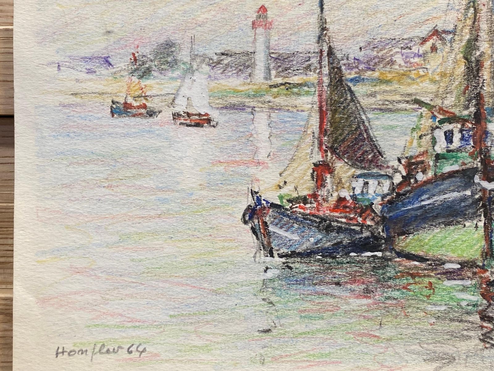 Unknownbrittany Fishing Boats In Harbour, French Signed Impressionist Crayon Drawingcirca 1940s photo Art