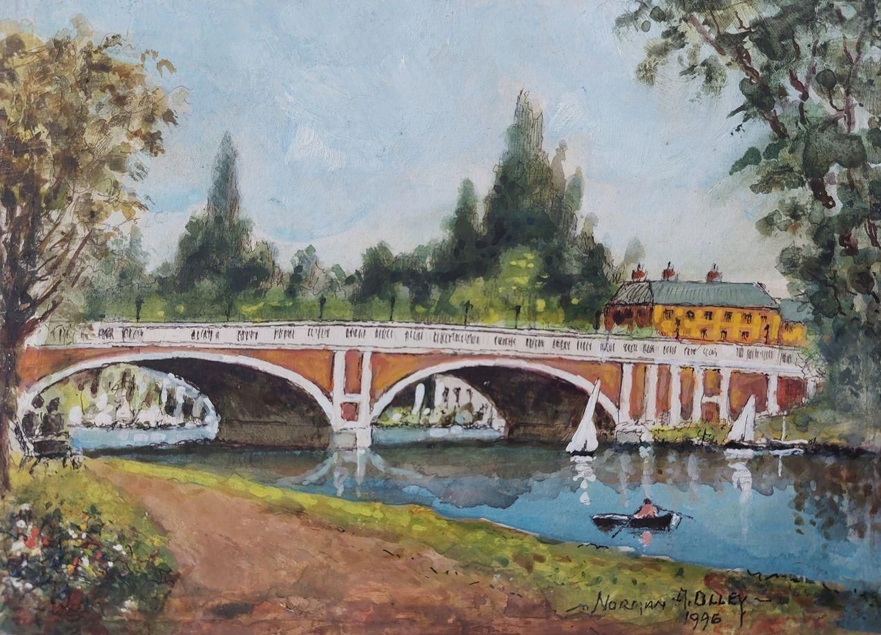 English  Schooltraditional English Painting Hampton Court Bridge In London20th Century photo Art