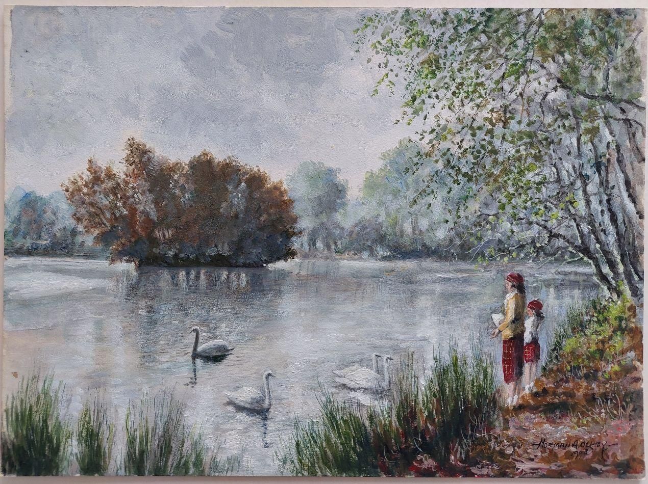 English  Schooltraditional English Painting Children Feeding Swans Richmond Park London20th Century photo furniture