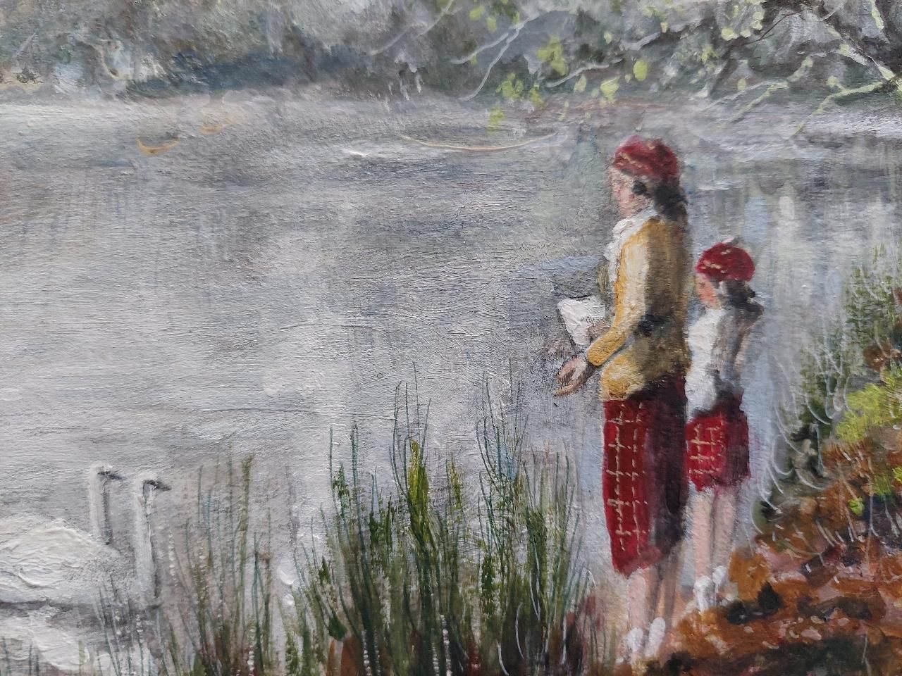 English  Schooltraditional English Painting Children Feeding Swans Richmond Park London20th Century photo Art