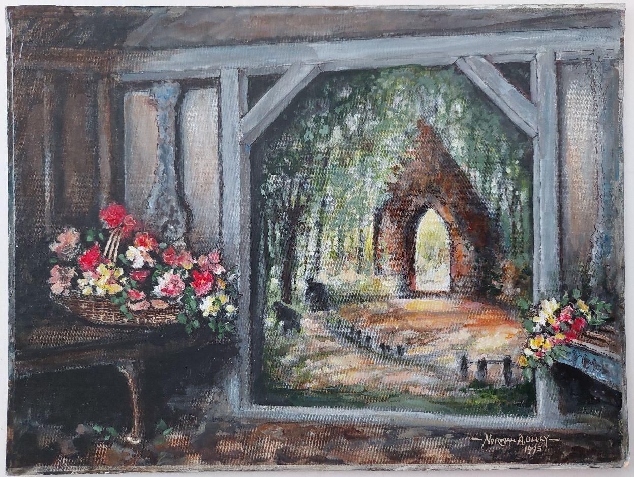English  Schooltraditional English Painting A Monastery Garden, England, View From Interior20th Century photo furniture