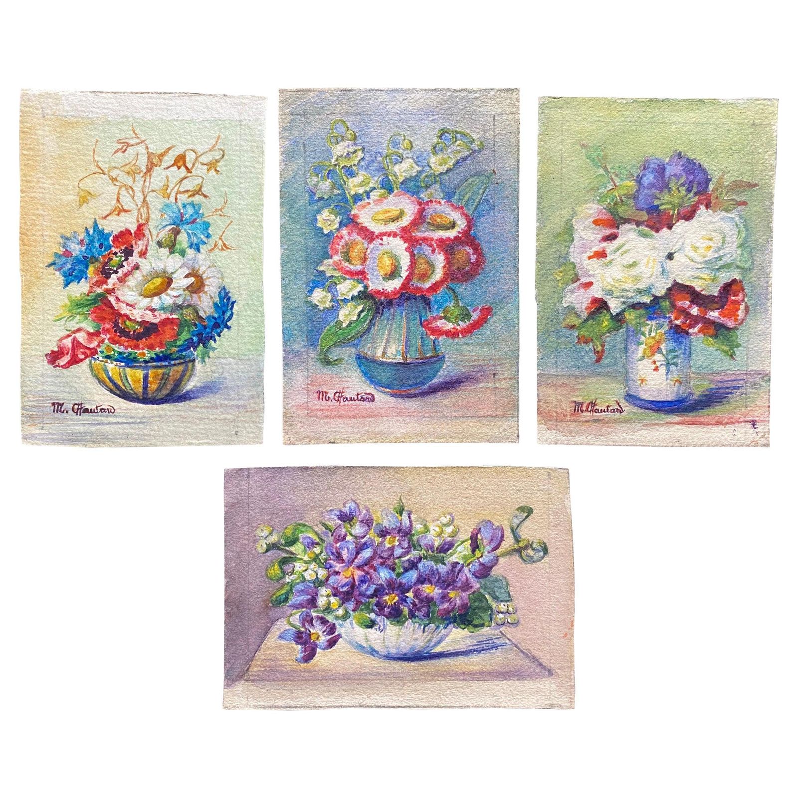 Unknown4 X Early 1900s French Impressionist Signed Flower Watercolours By Marie Carreaucirca 1900s