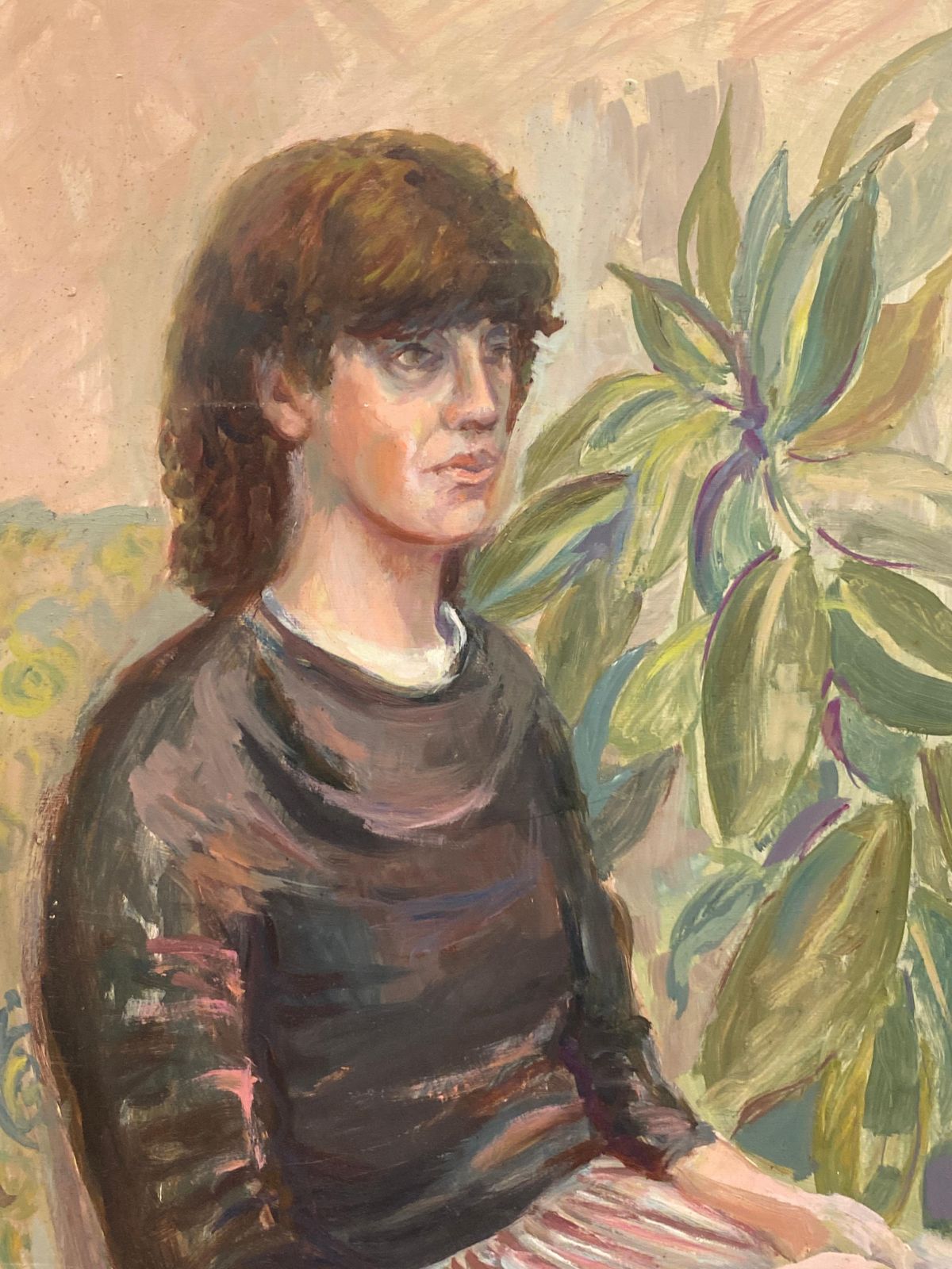 Unknownlarge 1960's British Original Oil Painting, Lady Sat Among Green Plantscirca 1960s photo furniture
