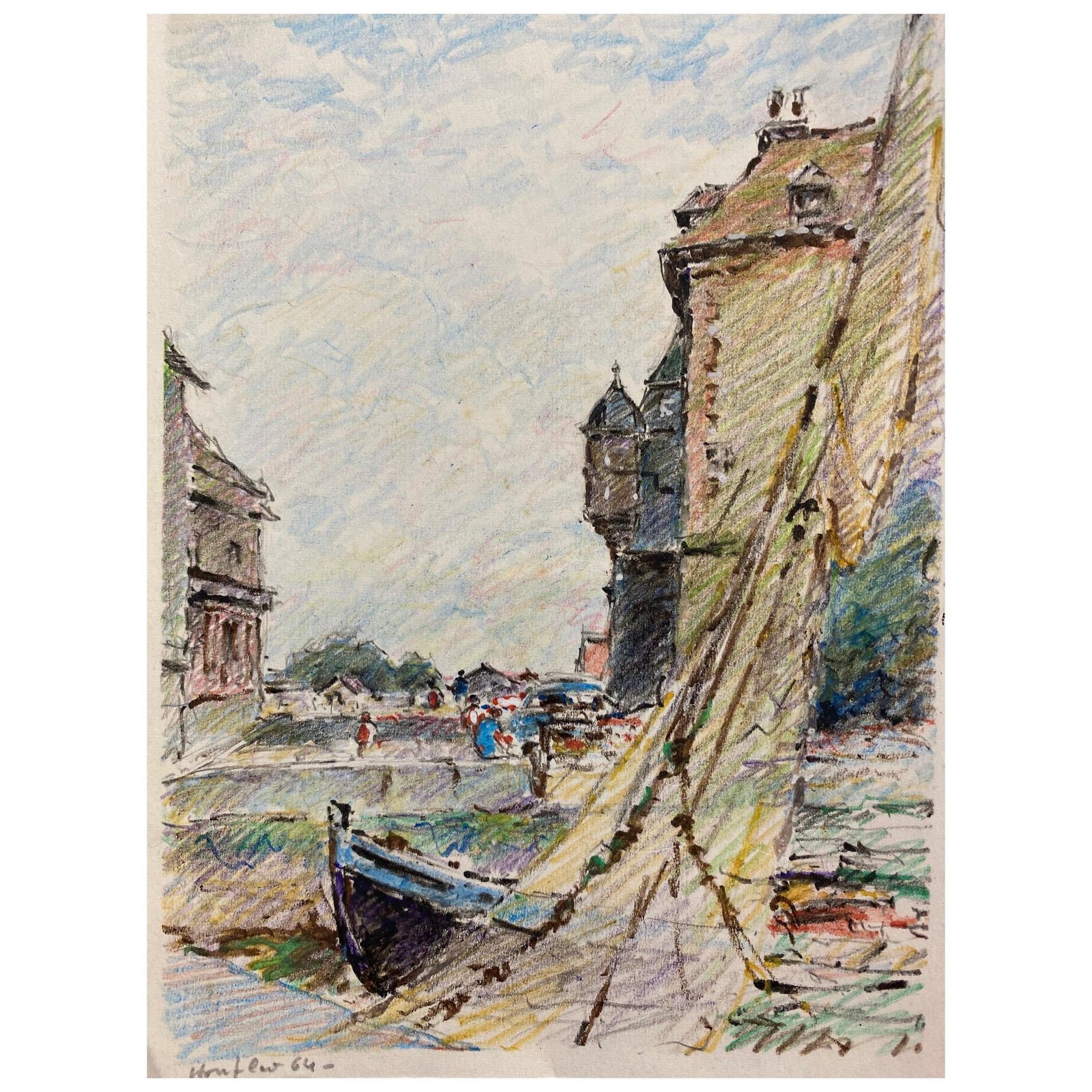 Unknownhonfleur French Signed Impressionist Crayon Drawing  Vintage Sailing Scenecirca 1940s