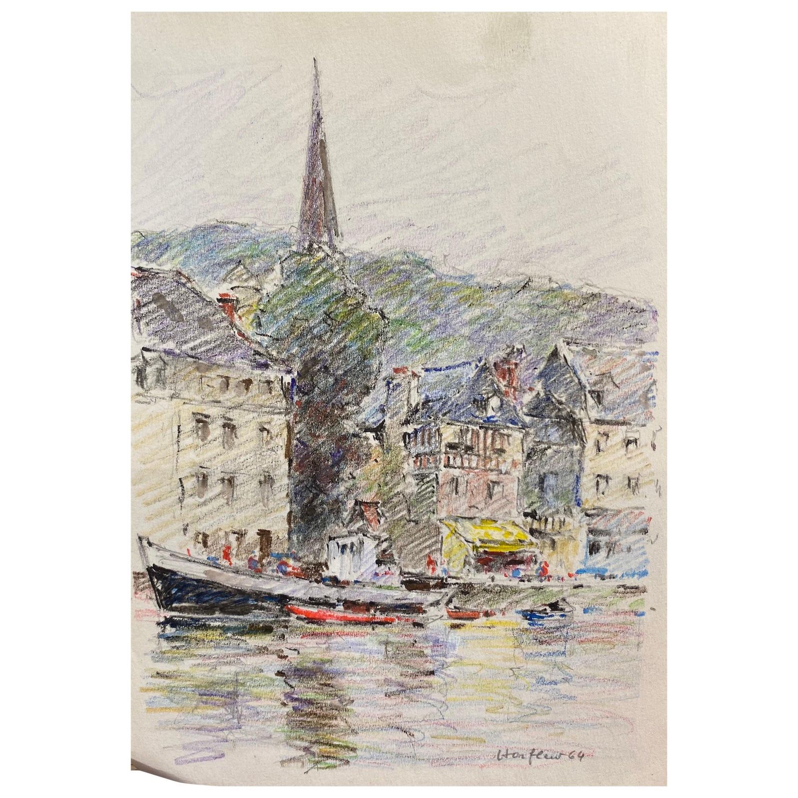 Unknownantique French Signed Impressionist Crayon Drawing Boats In Honfleur Harbour