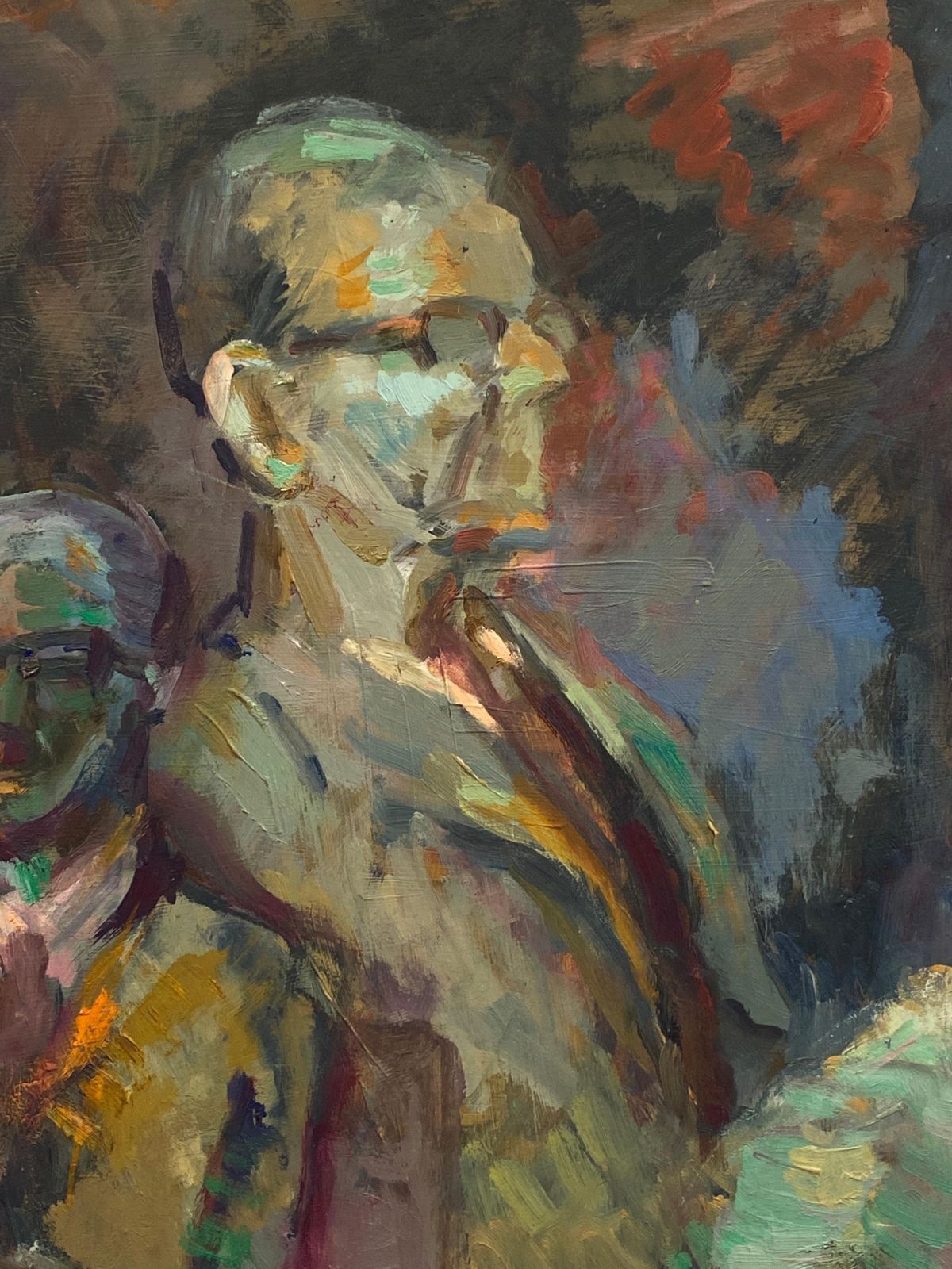 Unknownlarge 1960's British Original Oil Painting, Three Figures With Glassescirca 1960s photo for sale