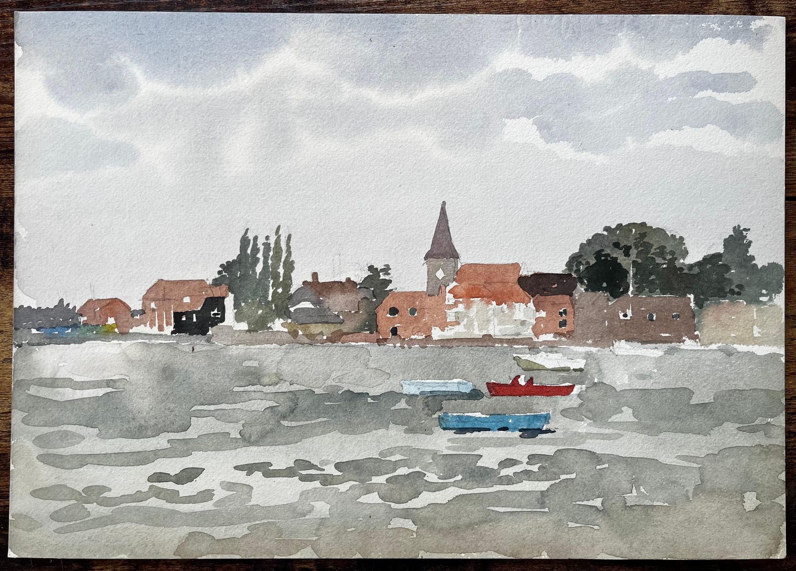 Anthony Herbertwaterside Village Scene With Boats And Church Bosham Sussex 1970s Watercolour1976 photo furniture