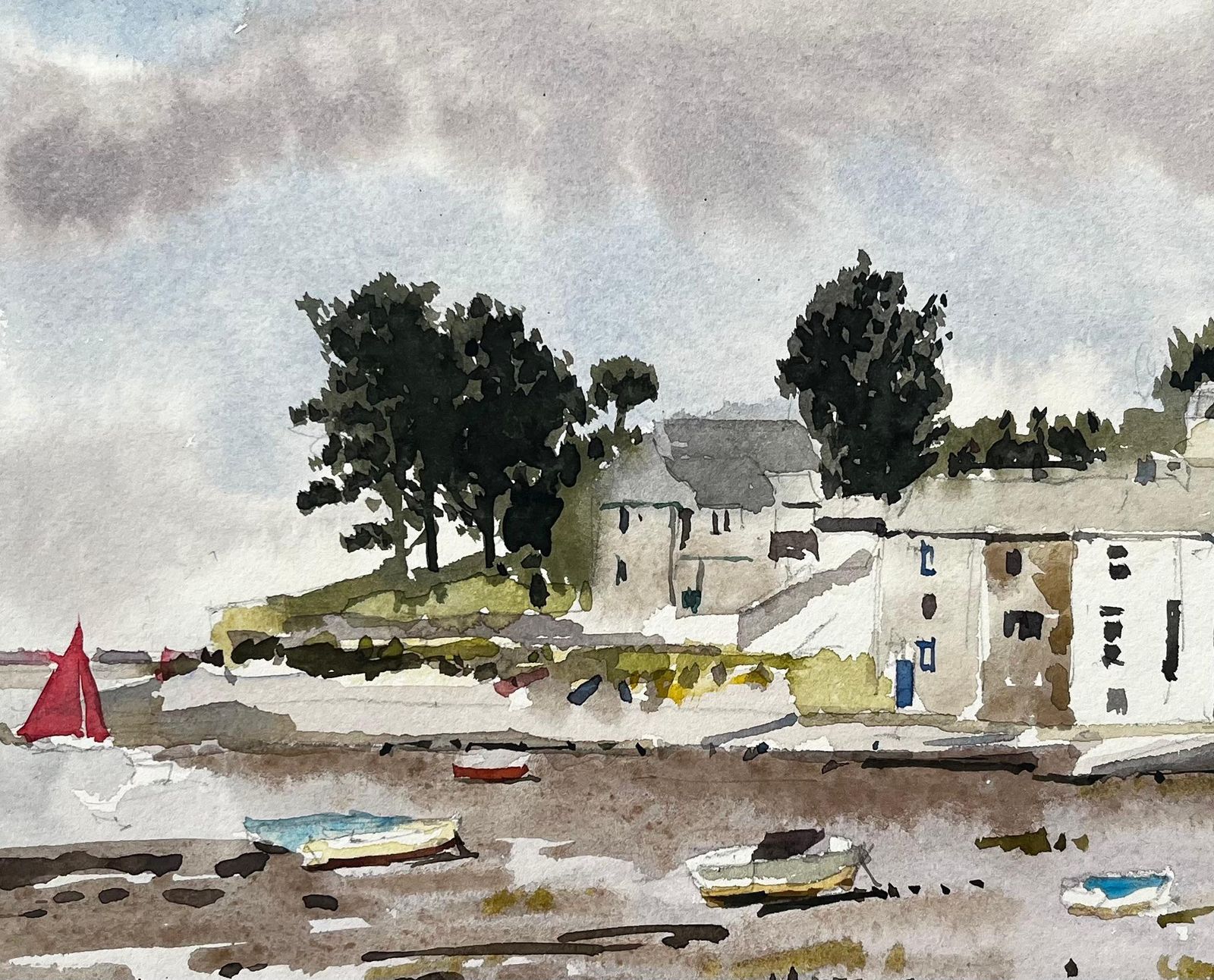 Anthony Herbertboats At Low Tide With Village And Trees Borth Y Gest North Wales 19941994 photo vintage