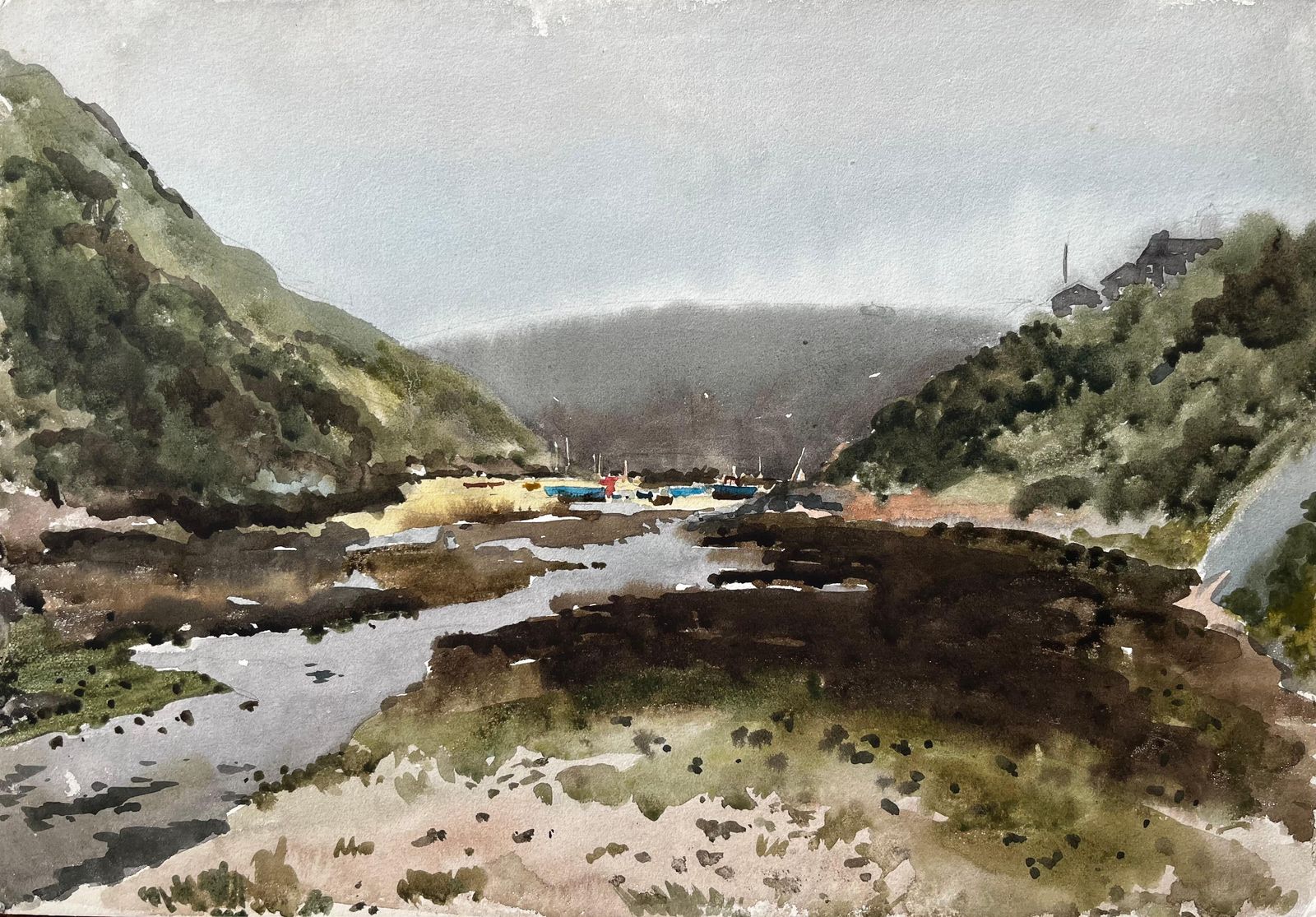 Anthony Herbertsolva Harbour View With Boats And Hills Wales 1969 Original Watercolour1969