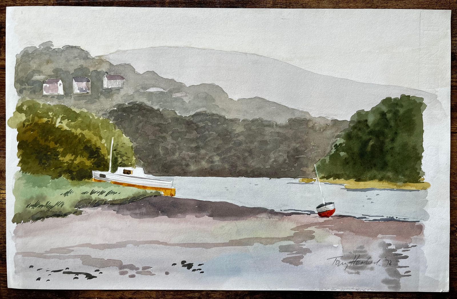 Anthony Herbertst Dogmaels Pembrokeshire River Estuary Landscape Boat Watercolour Painting1973 photo furniture