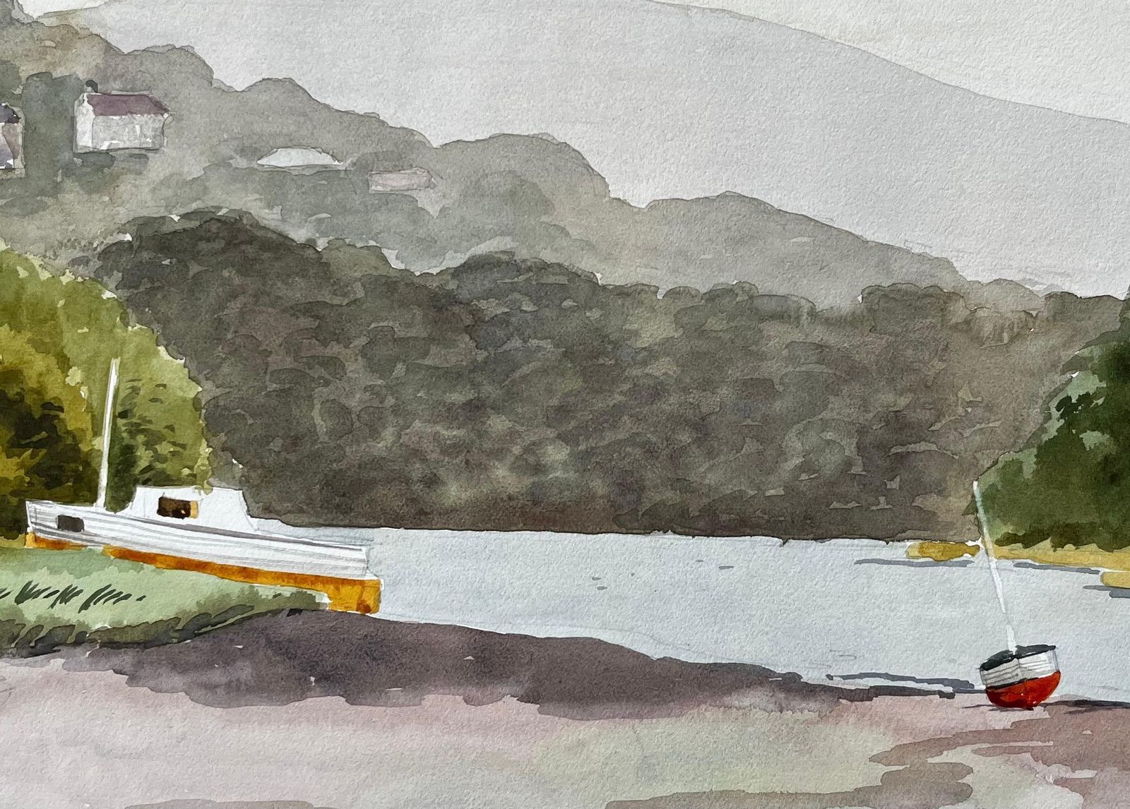 Anthony Herbertst Dogmaels Pembrokeshire River Estuary Landscape Boat Watercolour Painting1973 photo buy
