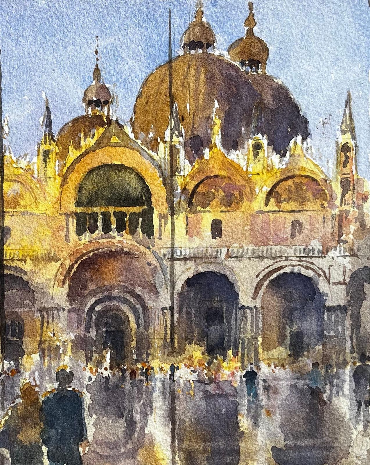 Anthony Herbertst Marks Basilica Venice In Golden Light With Crowds And Reflections Watercolour photo vintage