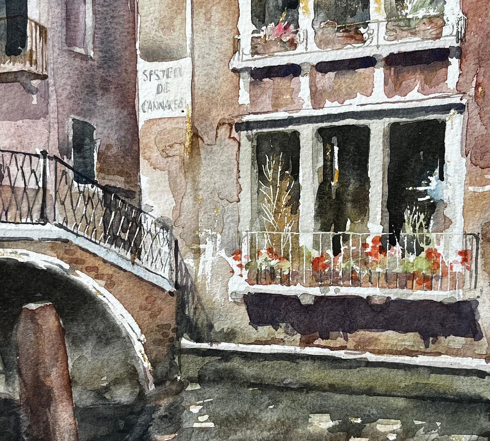 Anthony Herbertvenice Canal Bridge Scene With Flower Boxes And Reflections Original Watercolour photo buy