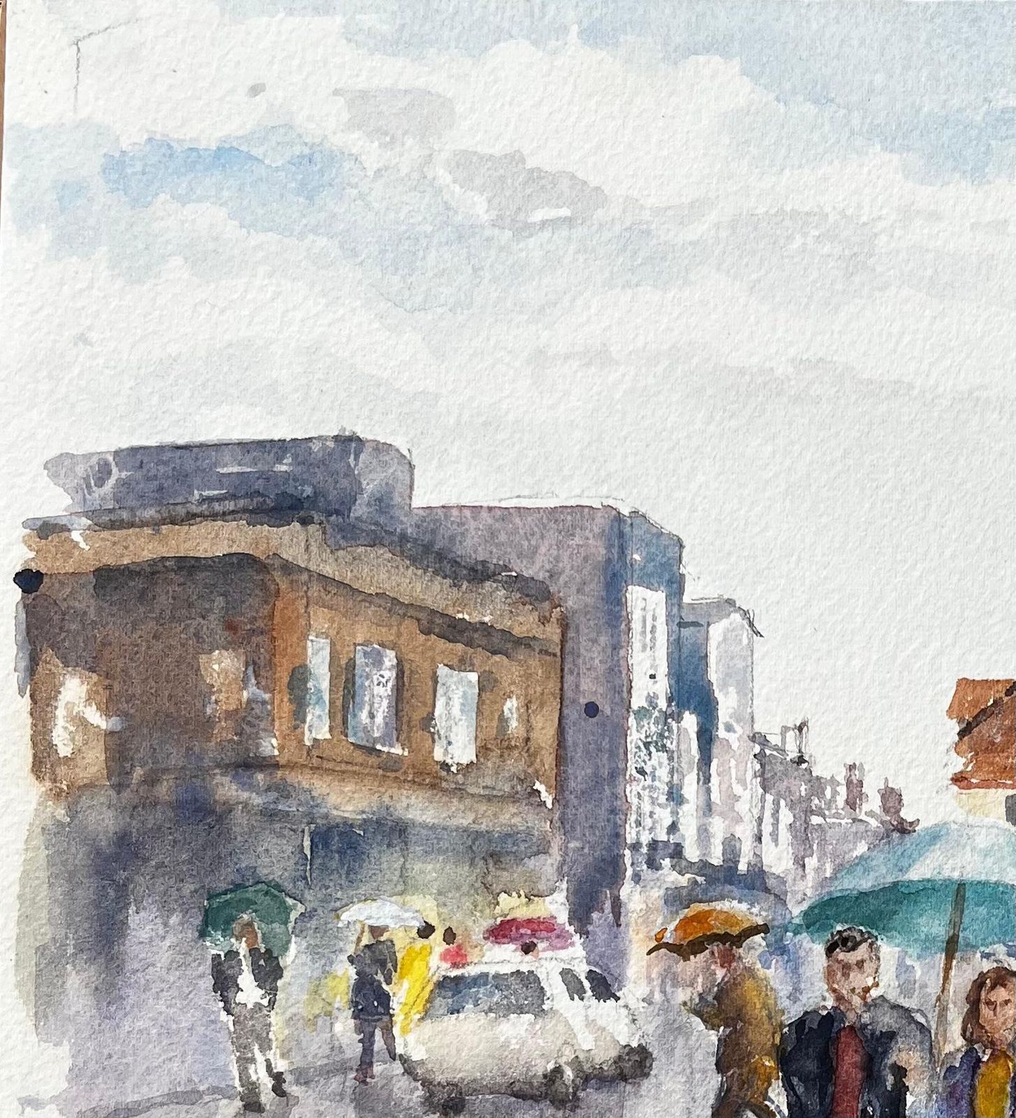Anthony Herbertrainy Street Scene Watercolour With Umbrellas And Shoppers In Urban High Street photo 397.0